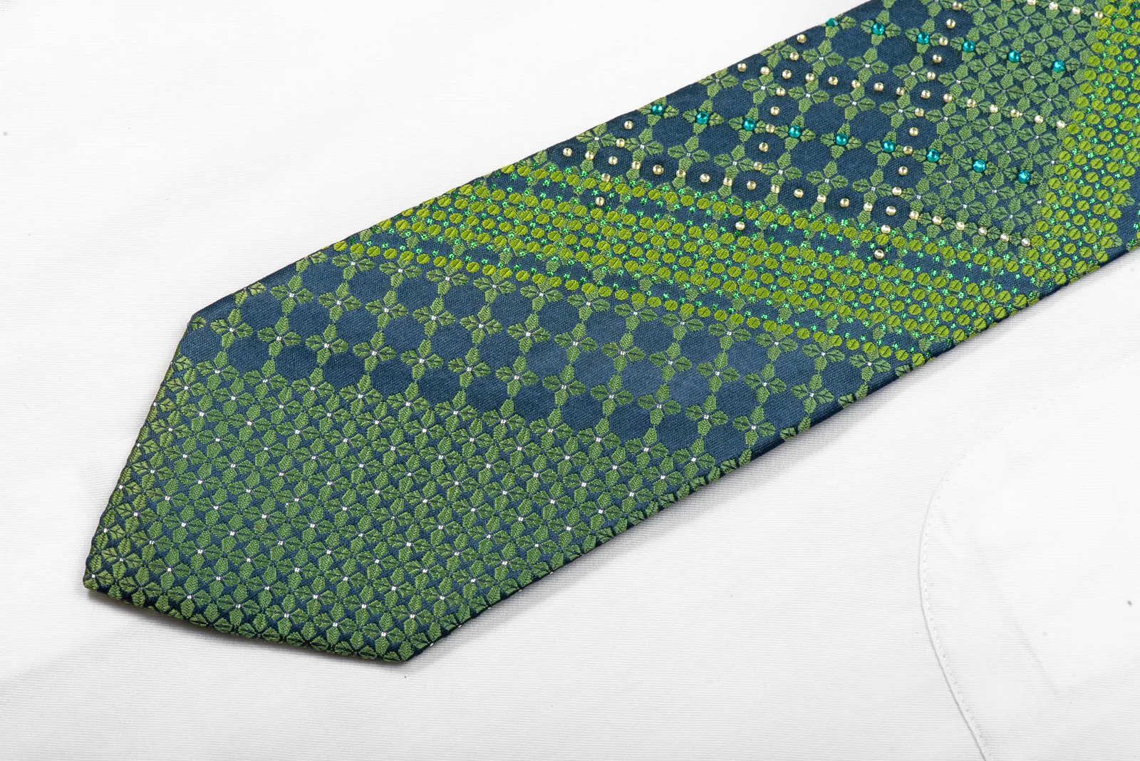 Perry Ellis Rhinestone Necktie Geometric On Green With Sparkles