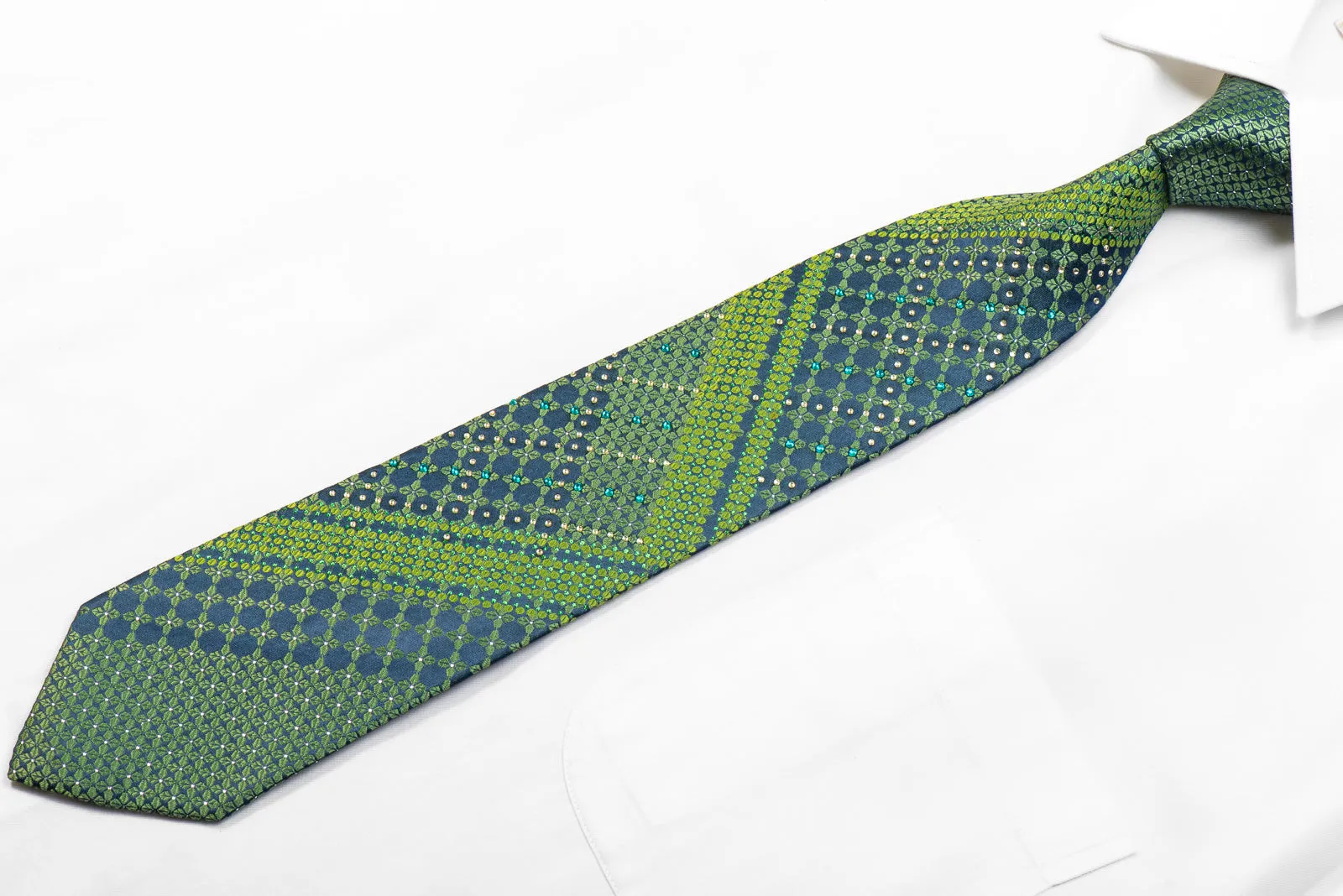 Perry Ellis Rhinestone Necktie Geometric On Green With Sparkles