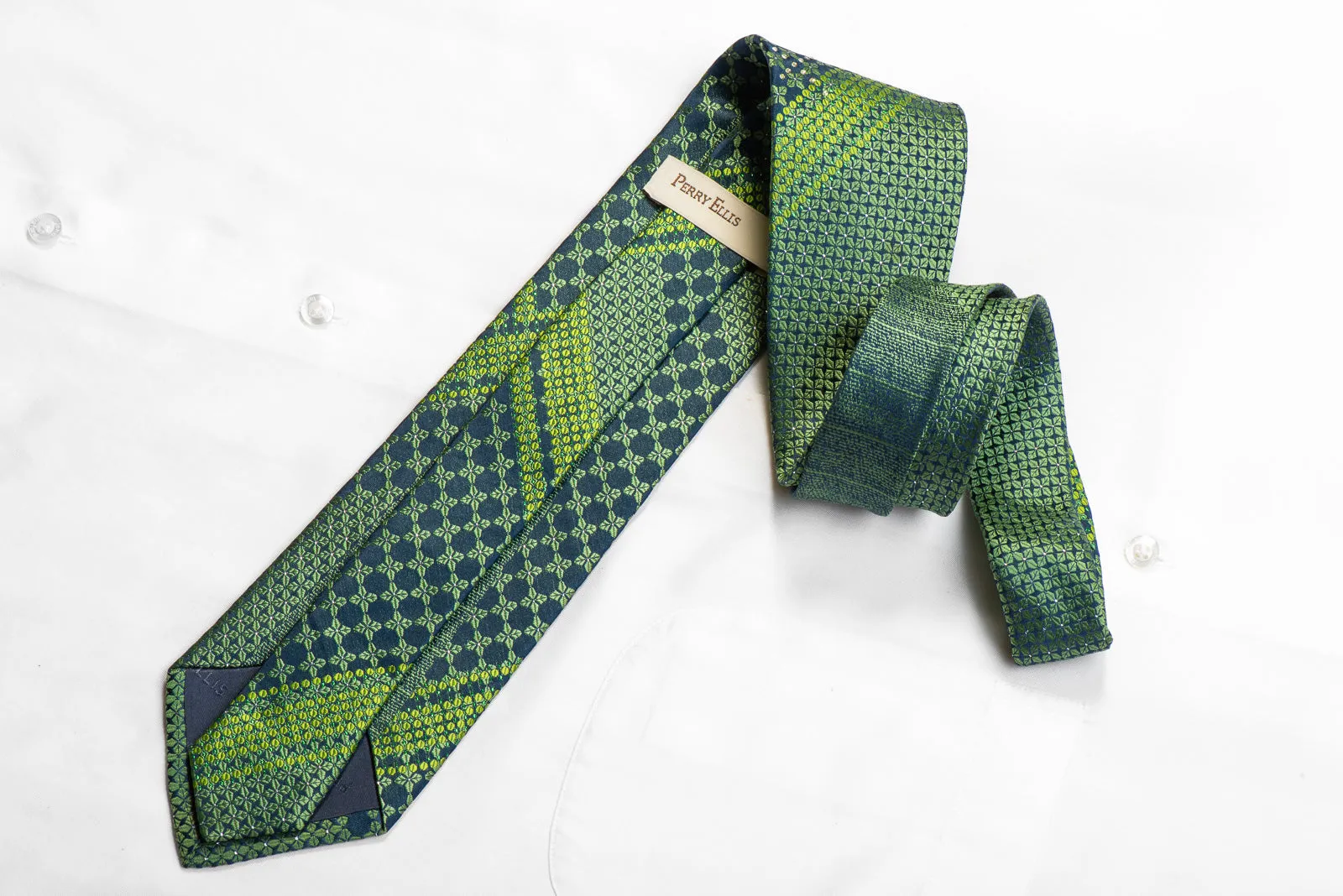 Perry Ellis Rhinestone Necktie Geometric On Green With Sparkles