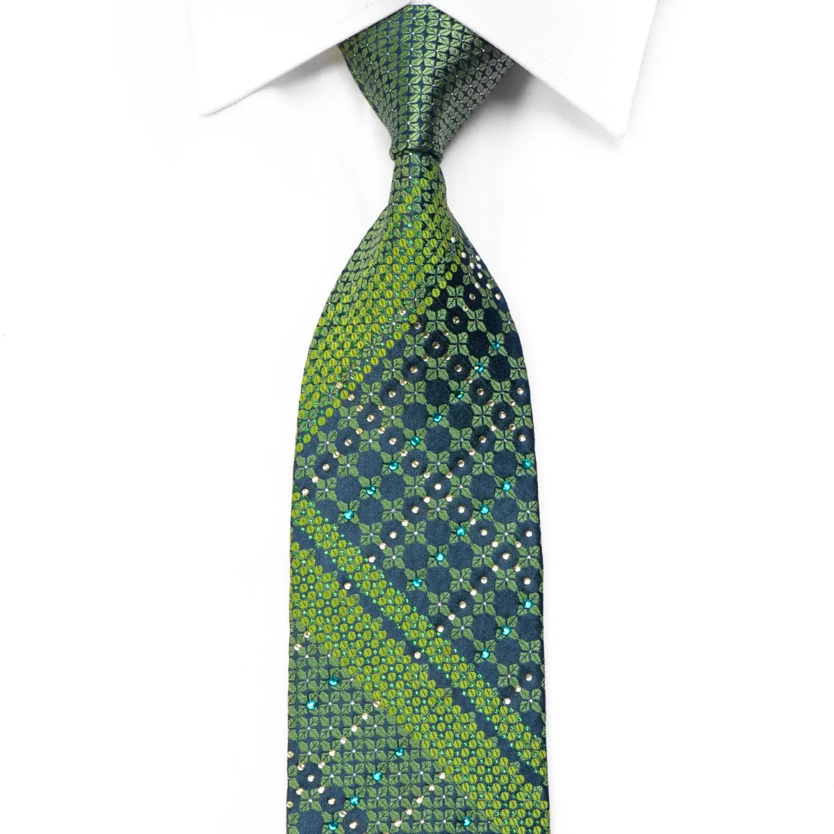 Perry Ellis Rhinestone Necktie Geometric On Green With Sparkles