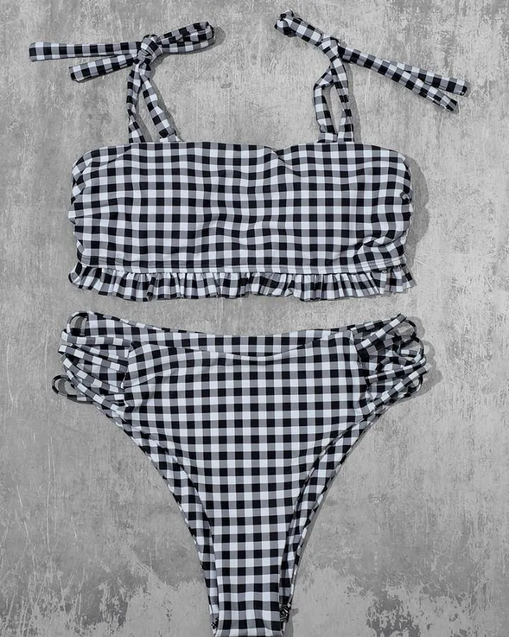 Plaid Strappy Cropped Tanks With High Waist Panties Bikini Sets