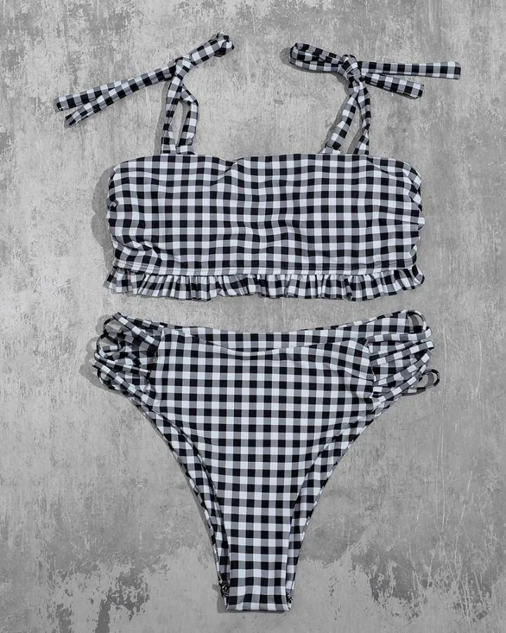 Plaid Strappy Cropped Tanks With High Waist Panties Bikini Sets