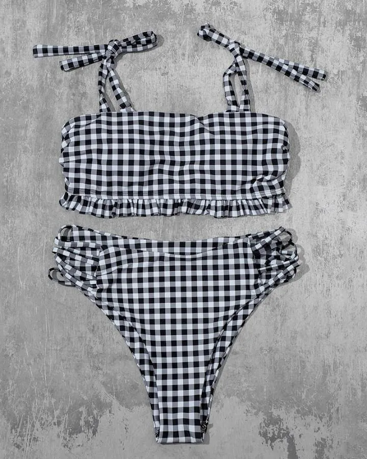 Plaid Strappy Cropped Tanks With High Waist Panties Bikini Sets