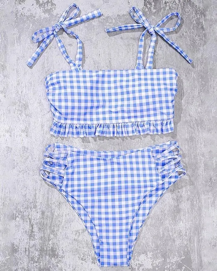 Plaid Strappy Cropped Tanks With High Waist Panties Bikini Sets