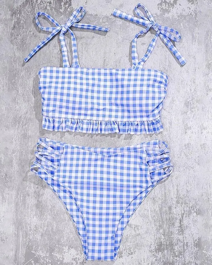 Plaid Strappy Cropped Tanks With High Waist Panties Bikini Sets