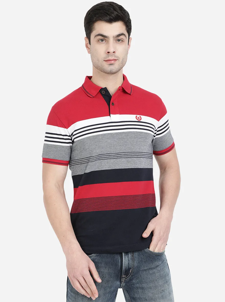 Red & Grey Striped Slim Fit Polo T-Shirt | Greenfibre