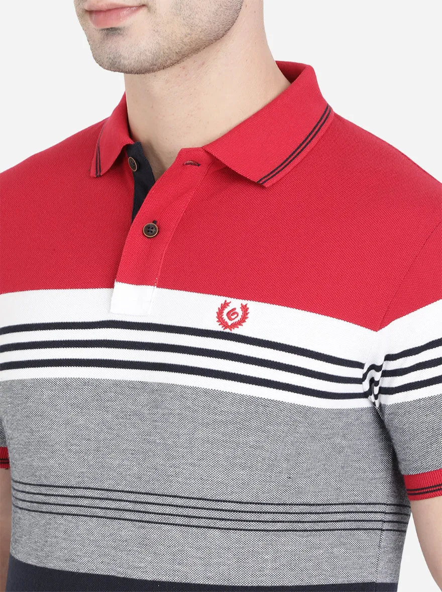 Red & Grey Striped Slim Fit Polo T-Shirt | Greenfibre