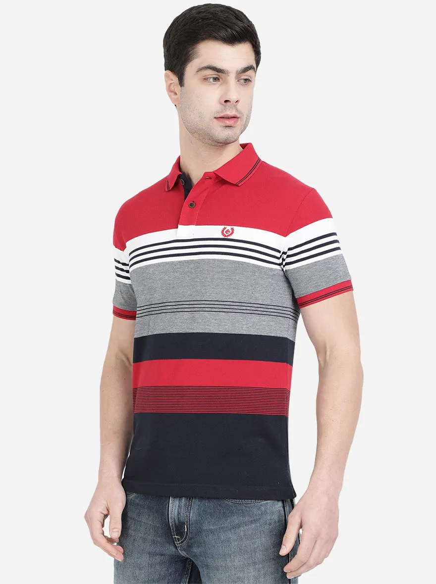 Red & Grey Striped Slim Fit Polo T-Shirt | Greenfibre