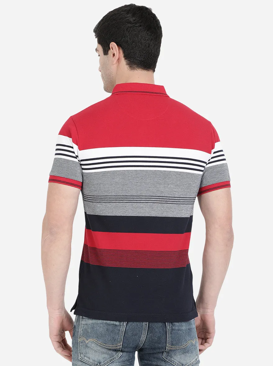 Red & Grey Striped Slim Fit Polo T-Shirt | Greenfibre