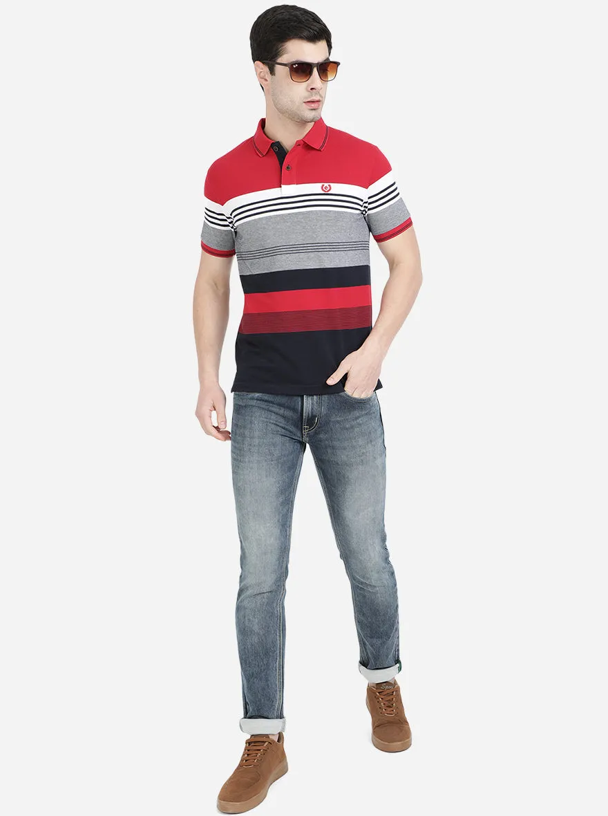 Red & Grey Striped Slim Fit Polo T-Shirt | Greenfibre