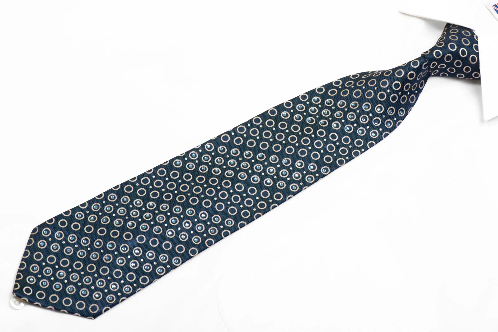 Rhinestone Silk Necktie Silver Geometric Circles On Blue