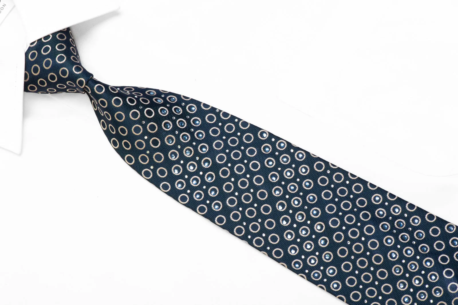 Rhinestone Silk Necktie Silver Geometric Circles On Blue