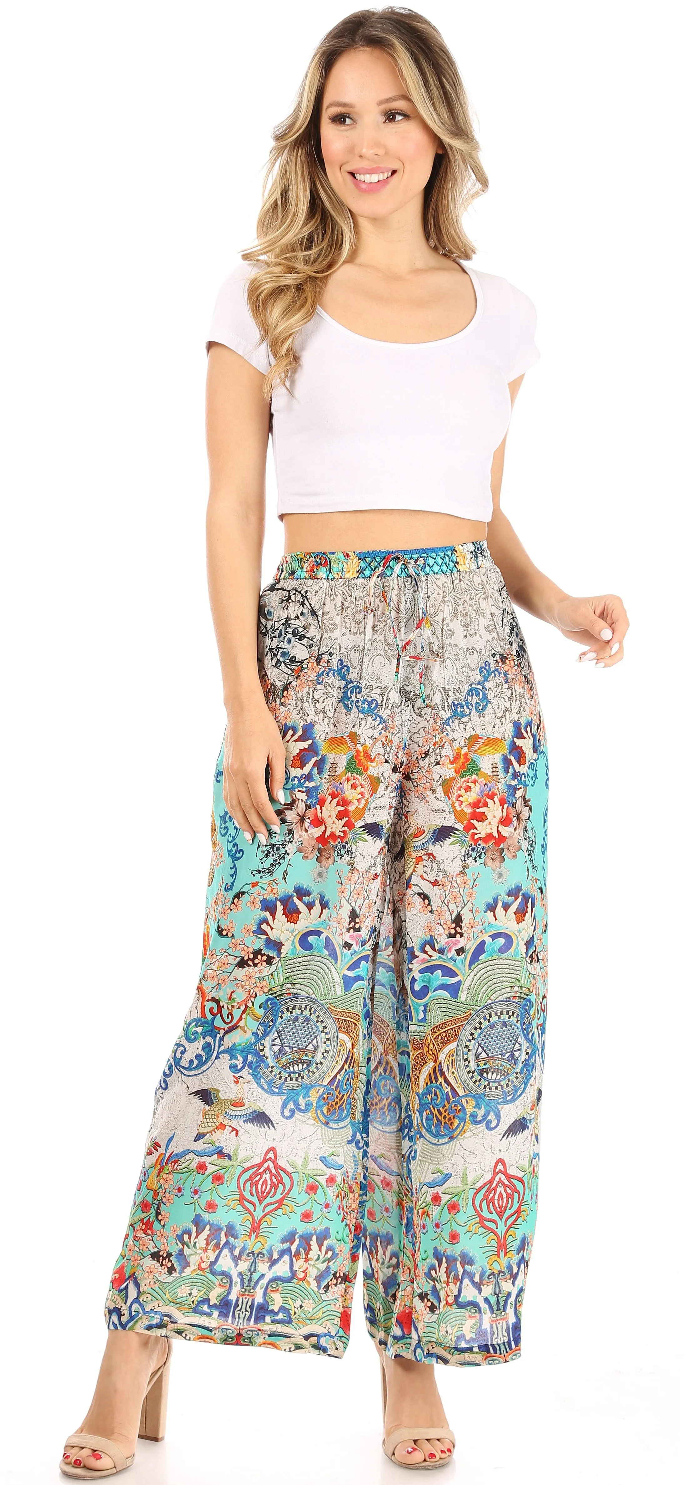 Sakkas Anie Women's Boho Casual Flowy Flare Palazzo Wide Leg Pants Floral Print