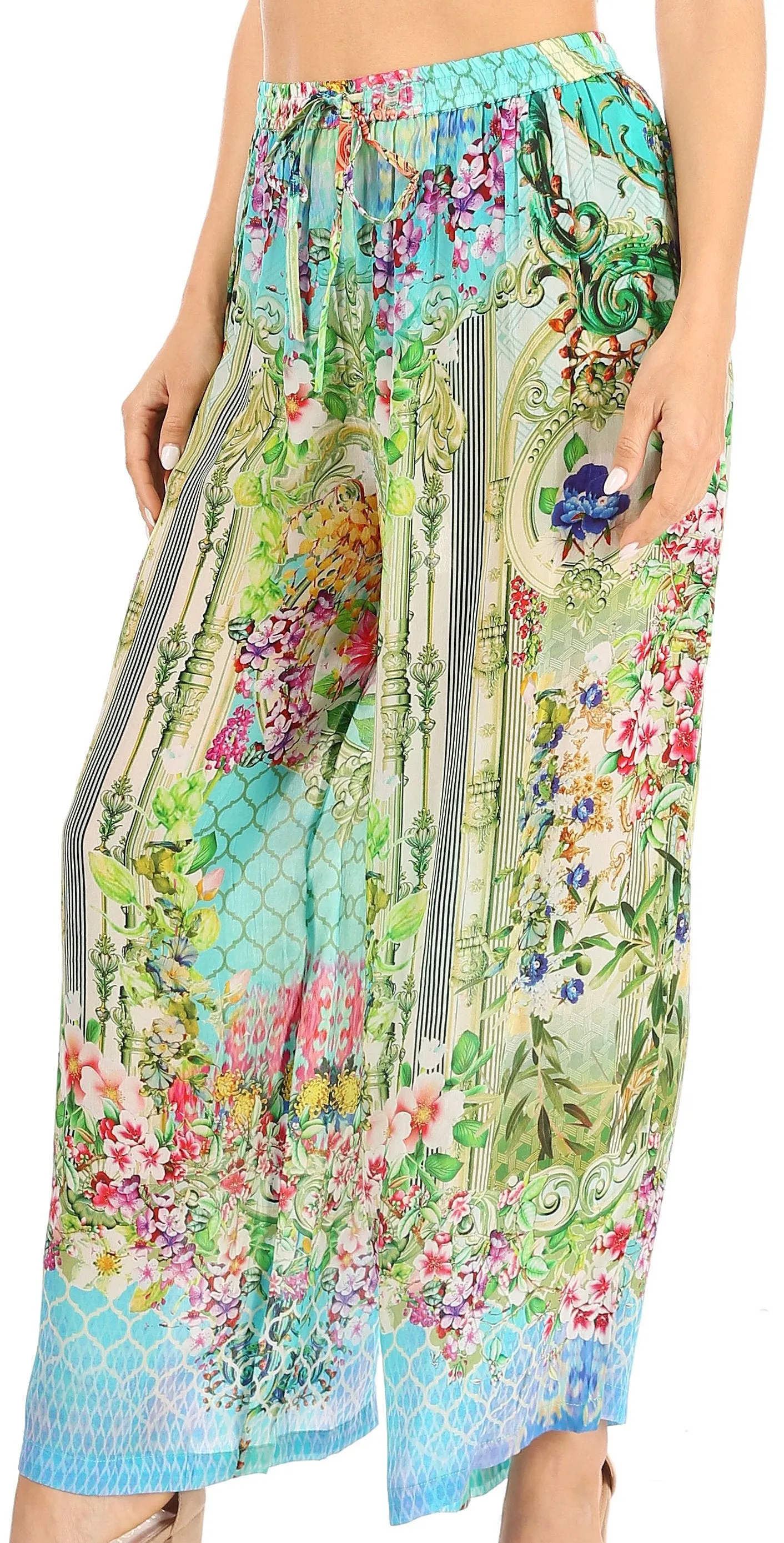 Sakkas Anie Women's Boho Casual Flowy Flare Palazzo Wide Leg Pants Floral Print