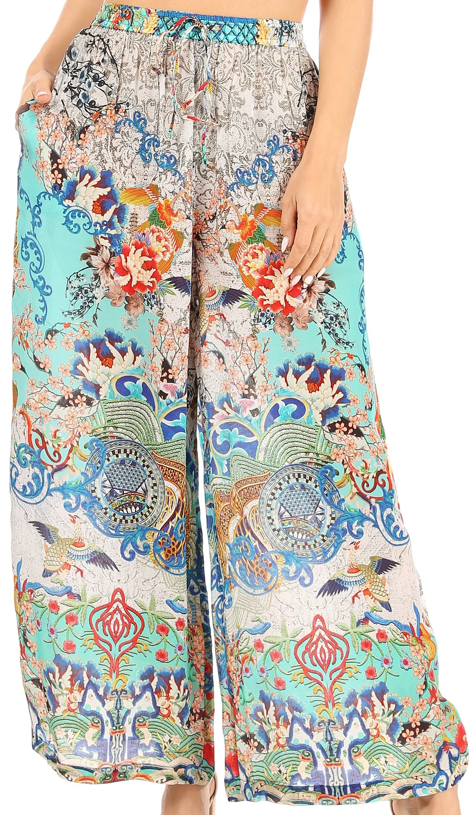 Sakkas Anie Women's Boho Casual Flowy Flare Palazzo Wide Leg Pants Floral Print