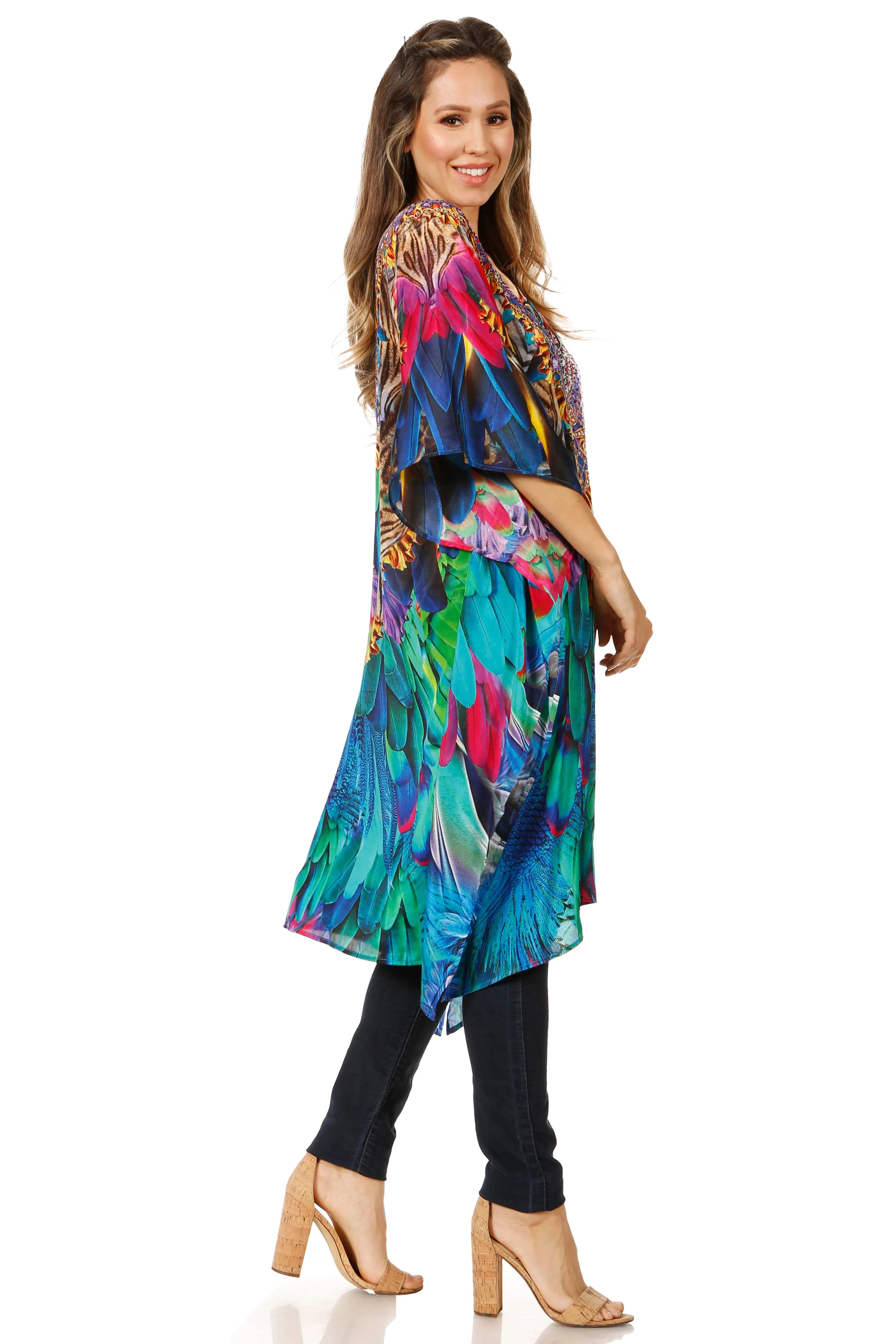 Sakkas Jenni Women's Mid Length Boho Caftan Kaftan Dress Cover up Flowy Rhinestone