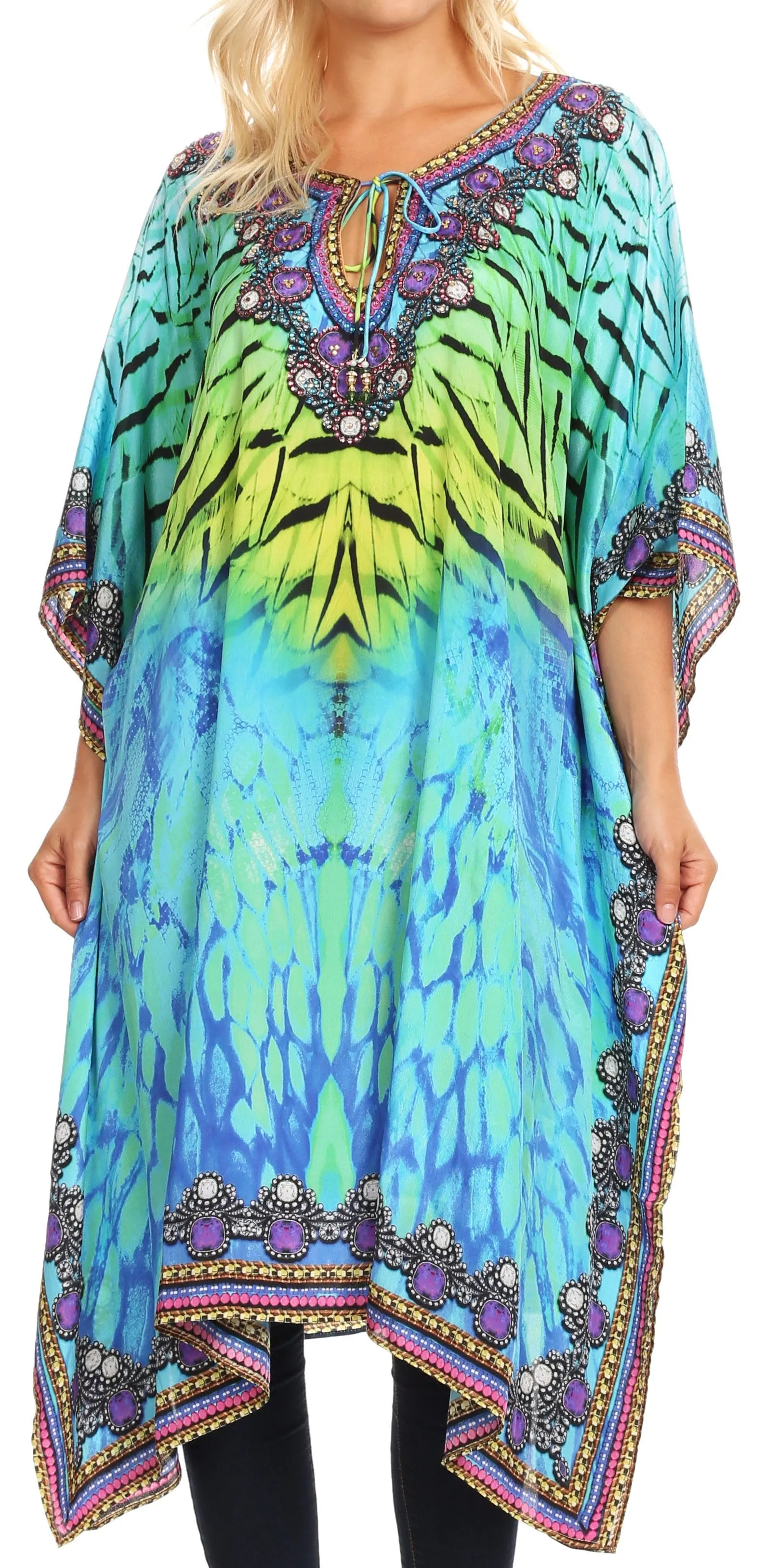 Sakkas Jenni Women's Mid Length Boho Caftan Kaftan Dress Cover up Flowy Rhinestone