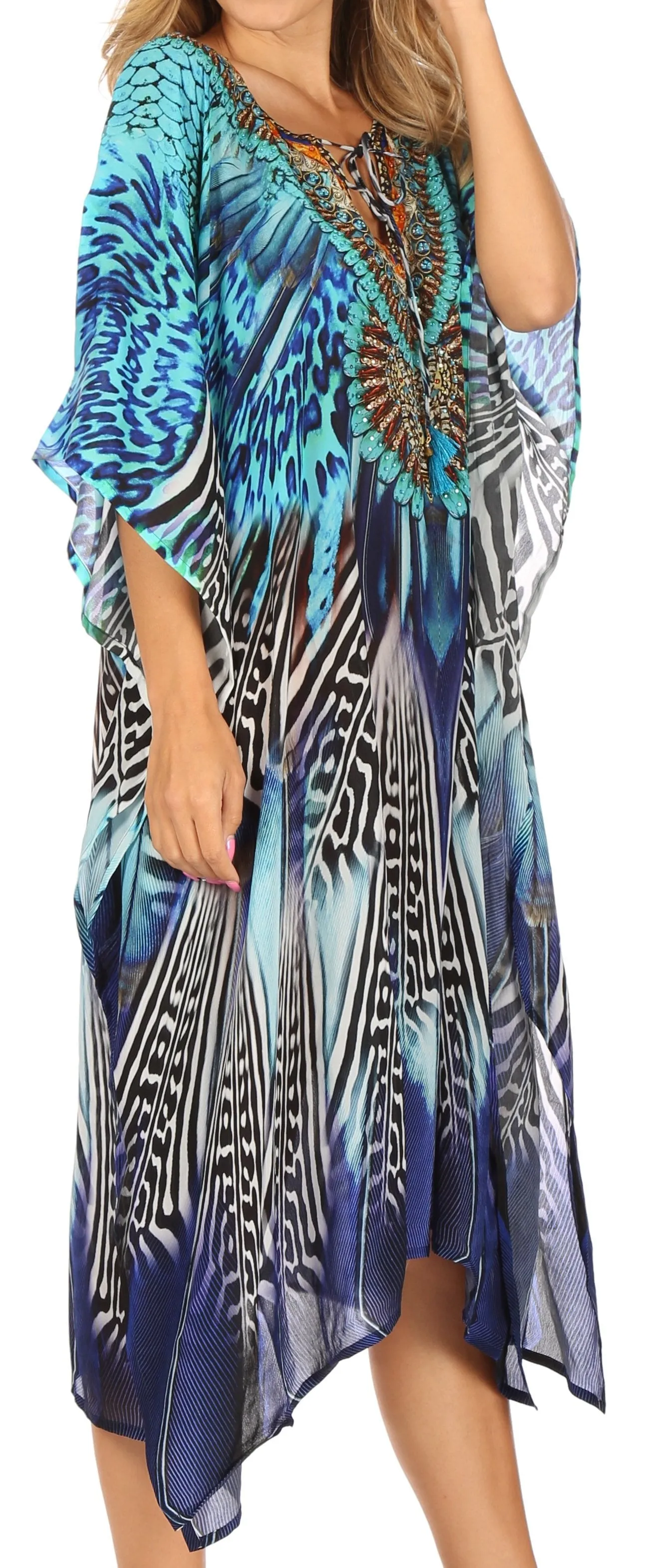 Sakkas Jenni Women's Mid Length Boho Caftan Kaftan Dress Cover up Flowy Rhinestone