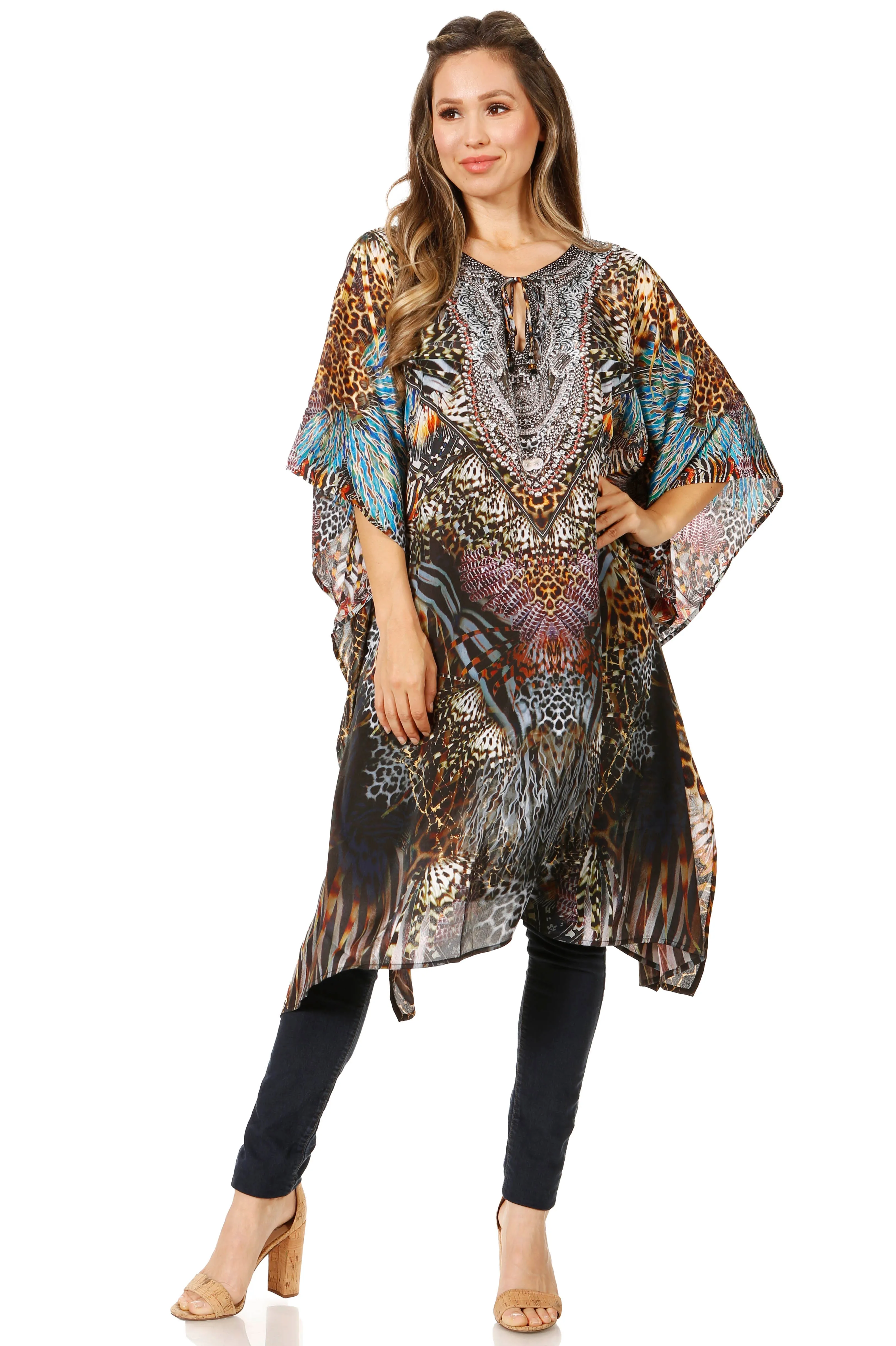 Sakkas Jenni Women's Mid Length Boho Caftan Kaftan Dress Cover up Flowy Rhinestone