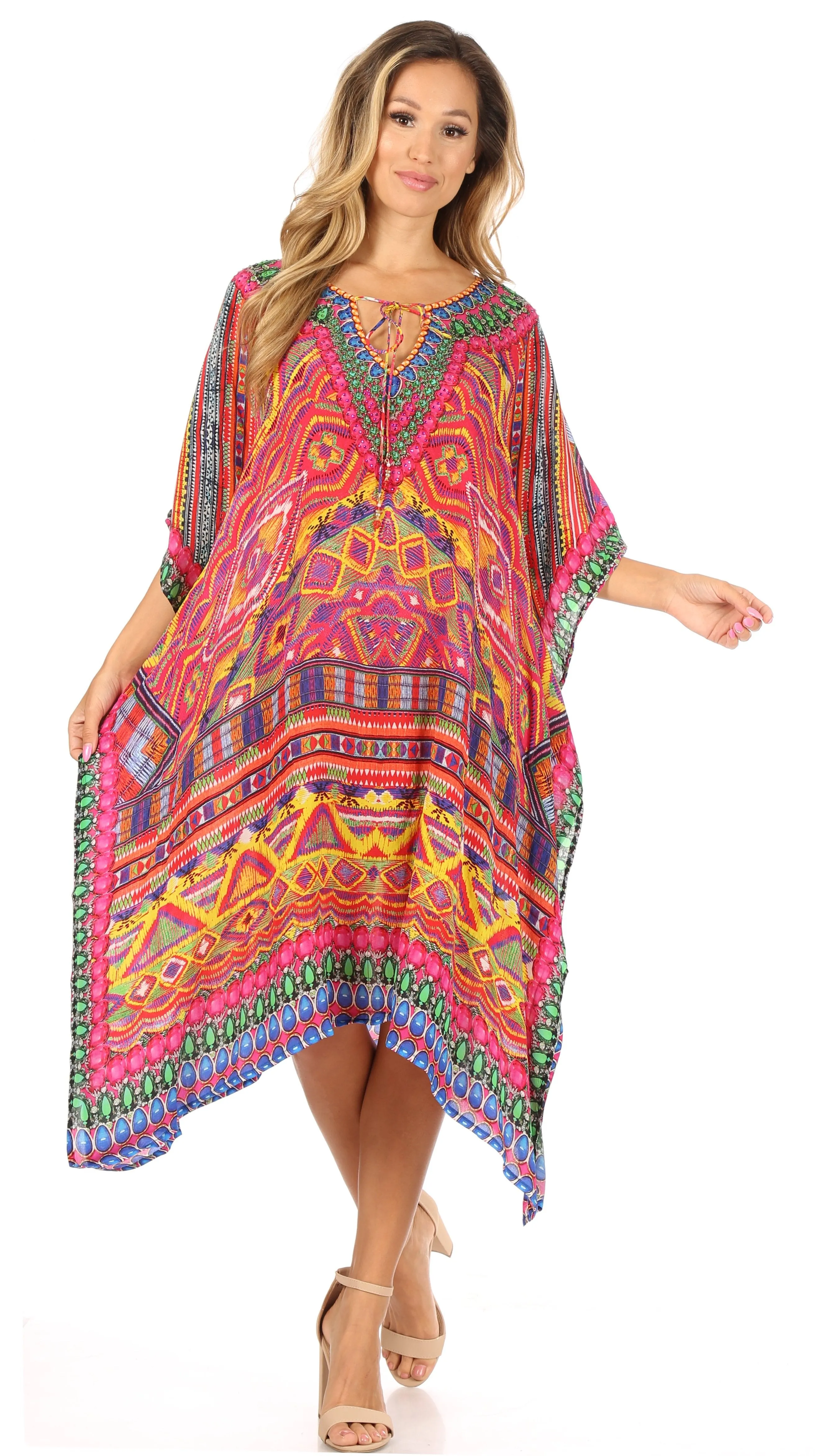 Sakkas Jenni Women's Mid Length Boho Caftan Kaftan Dress Cover up Flowy Rhinestone