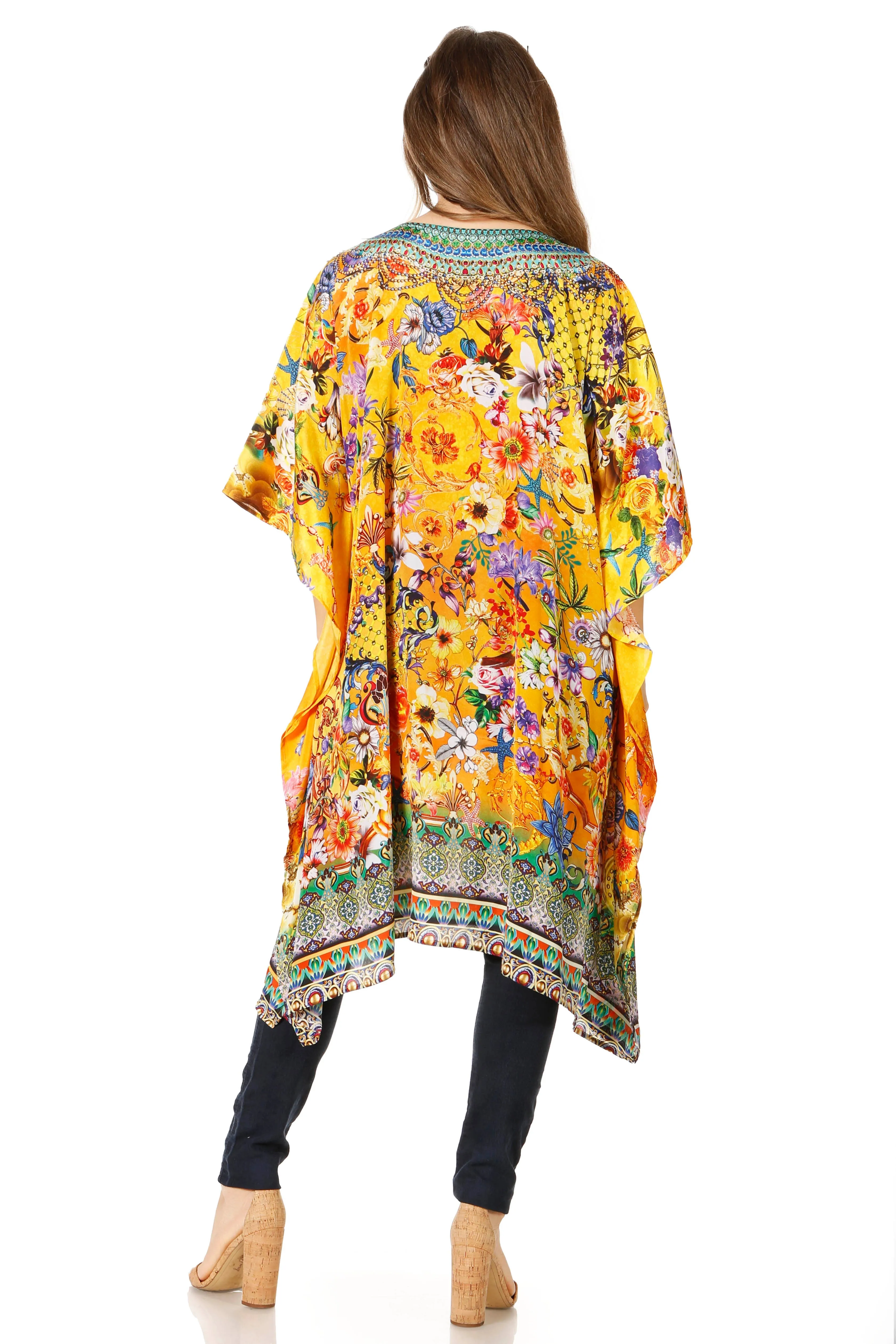 Sakkas Jenni Women's Mid Length Boho Caftan Kaftan Dress Cover up Flowy Rhinestone