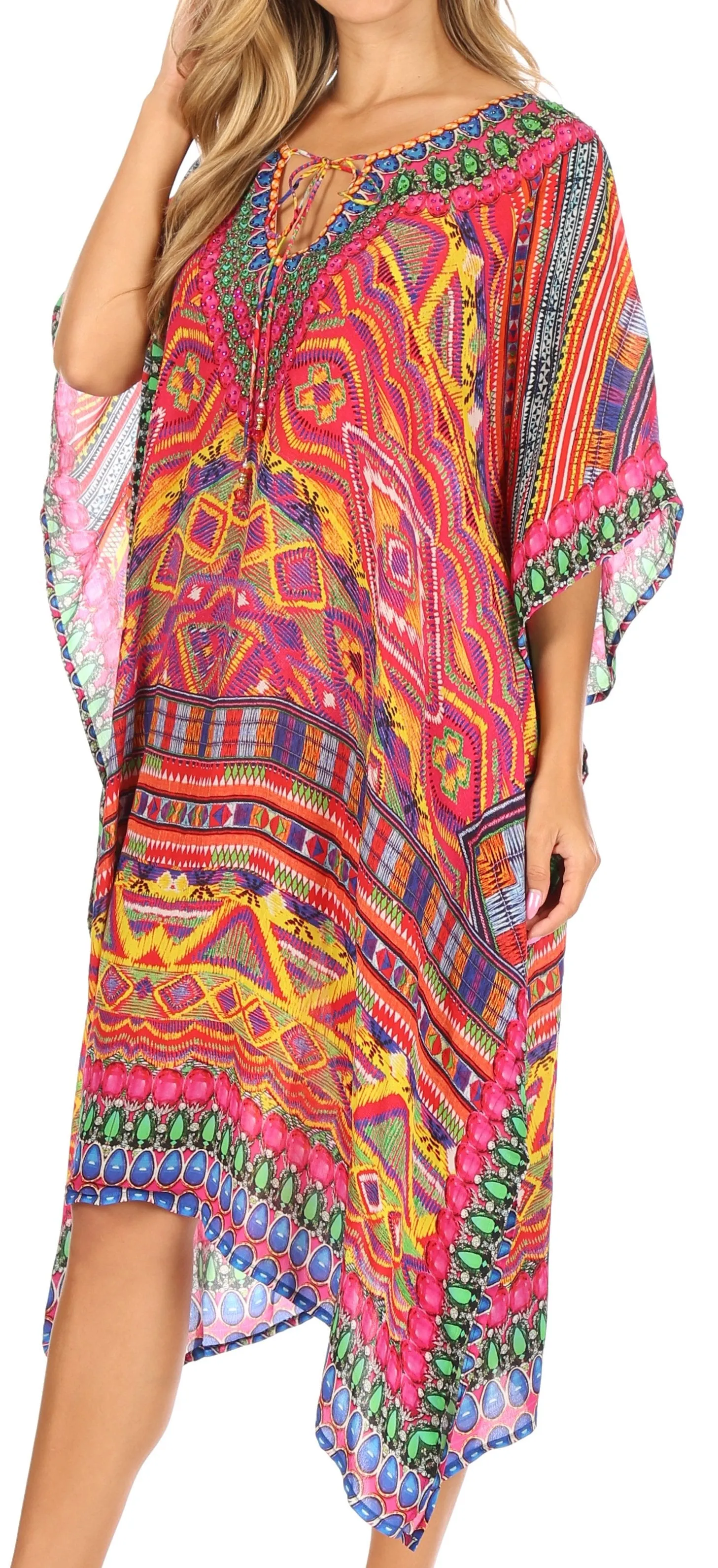 Sakkas Jenni Women's Mid Length Boho Caftan Kaftan Dress Cover up Flowy Rhinestone