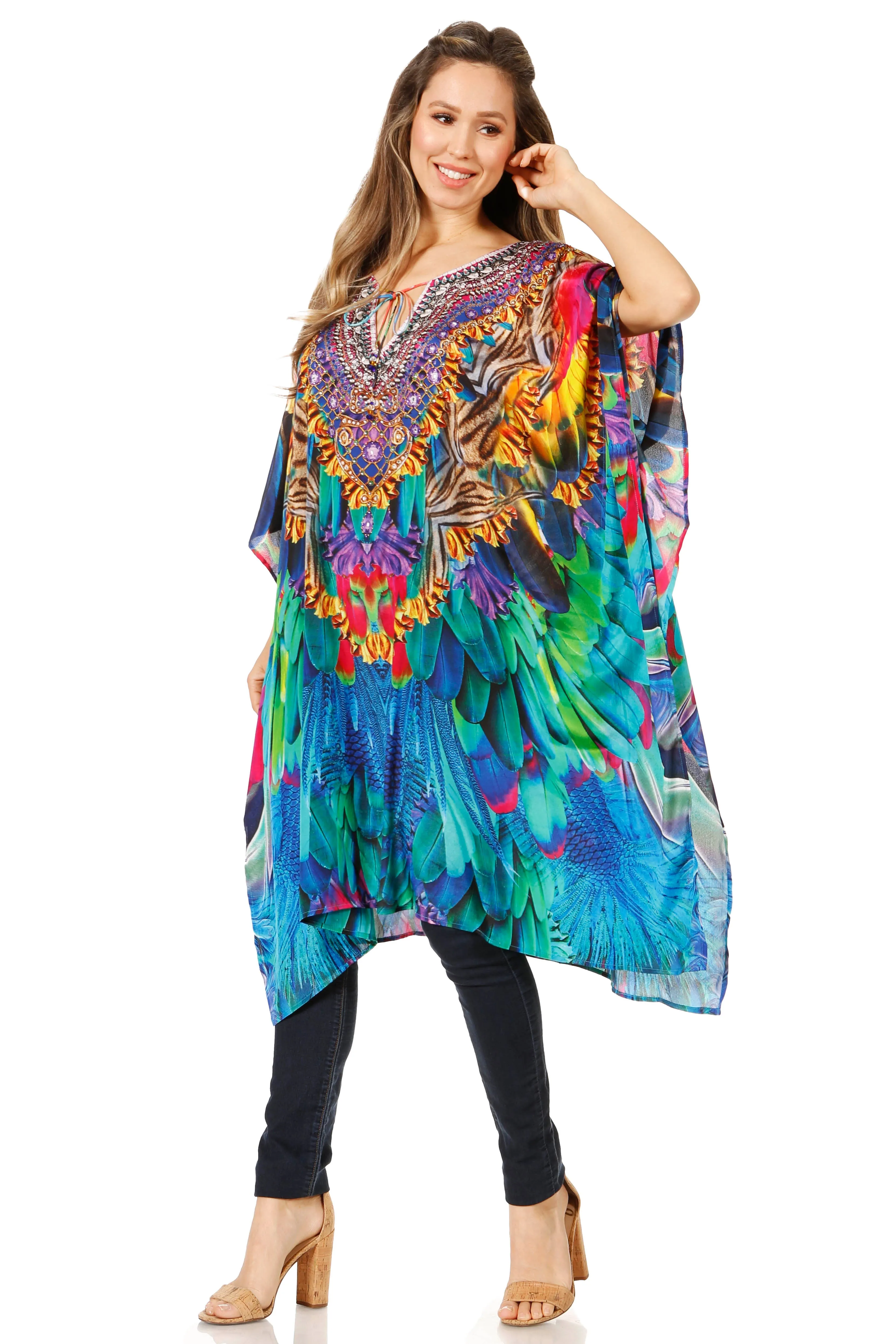 Sakkas Jenni Women's Mid Length Boho Caftan Kaftan Dress Cover up Flowy Rhinestone