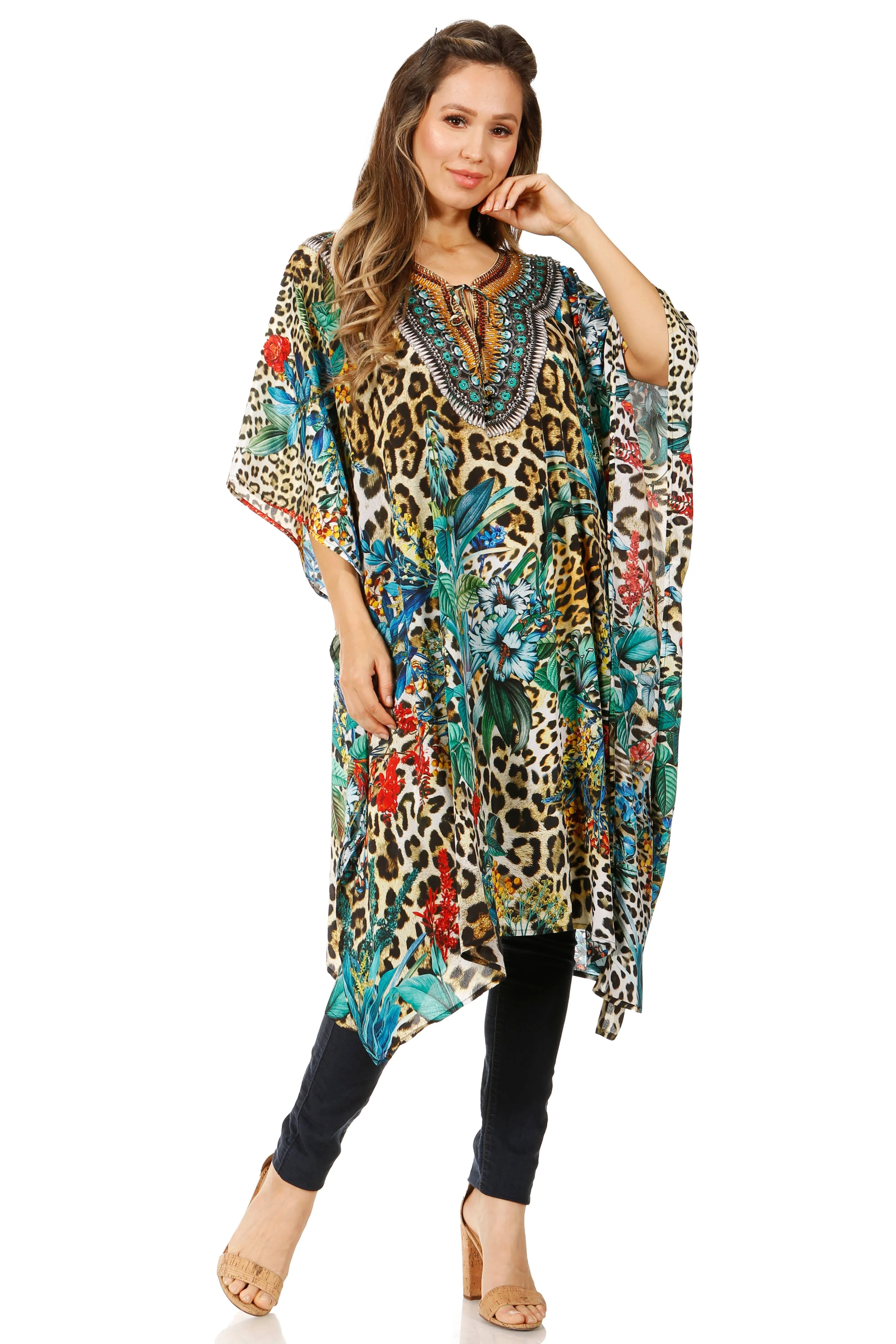 Sakkas Jenni Women's Mid Length Boho Caftan Kaftan Dress Cover up Flowy Rhinestone