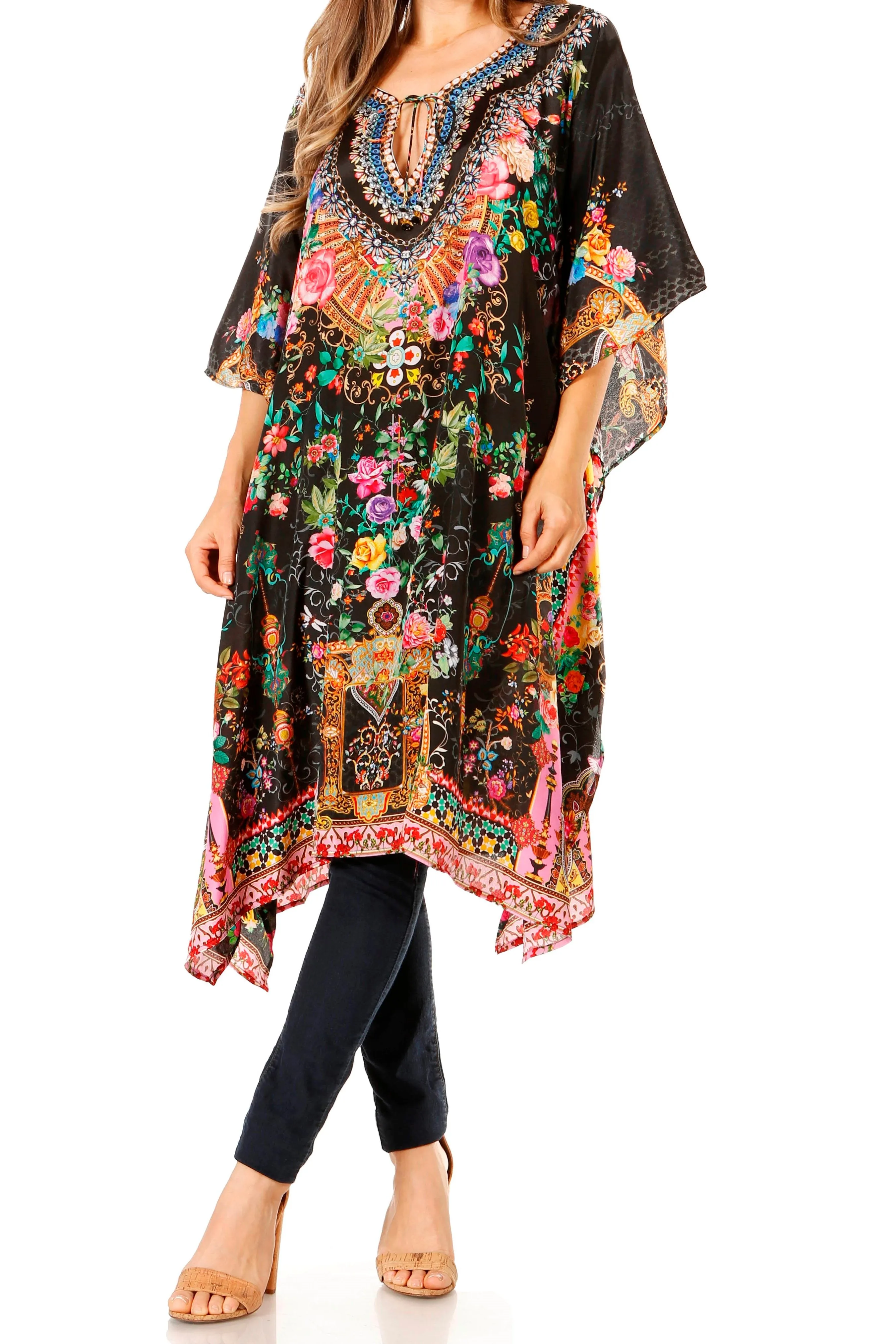 Sakkas Jenni Women's Mid Length Boho Caftan Kaftan Dress Cover up Flowy Rhinestone