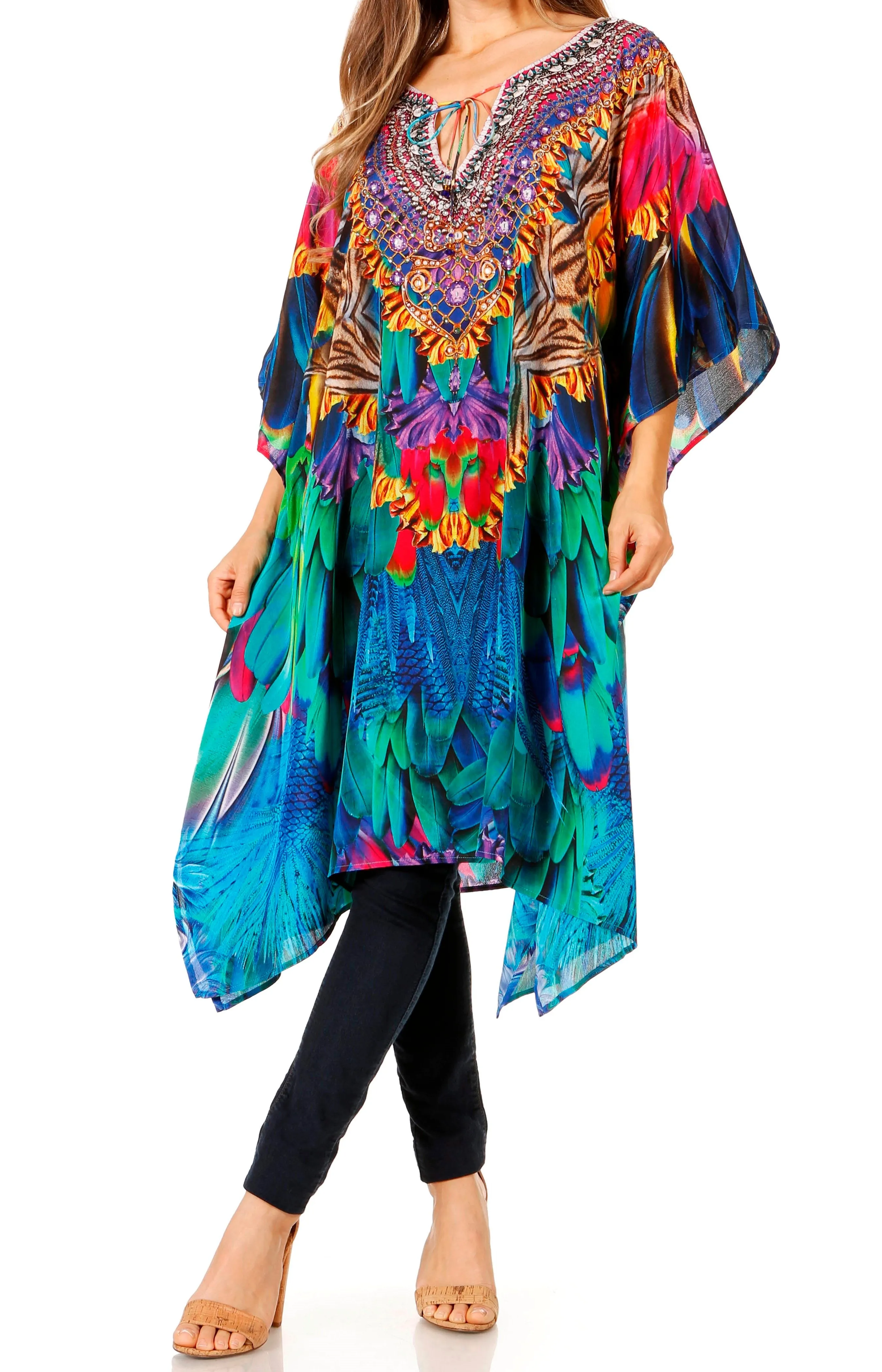 Sakkas Jenni Women's Mid Length Boho Caftan Kaftan Dress Cover up Flowy Rhinestone