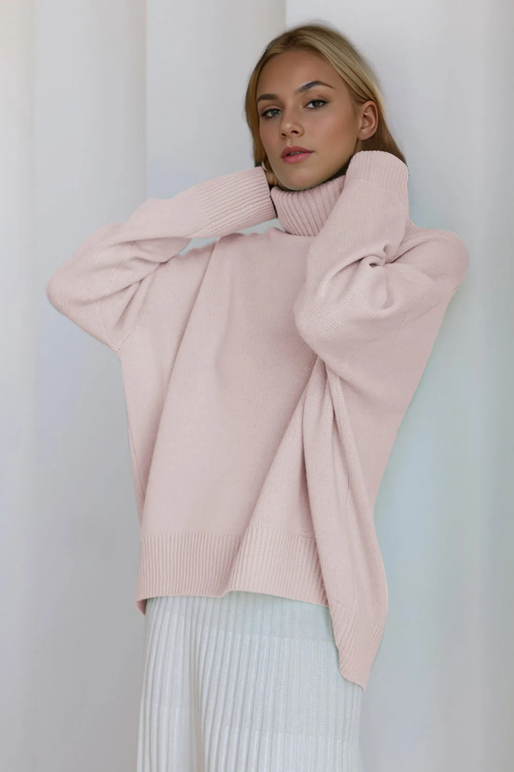 Soft Cashmere Style Turtleneck Dropped Shoulder Long Sleeve Sweater available in 12 colors