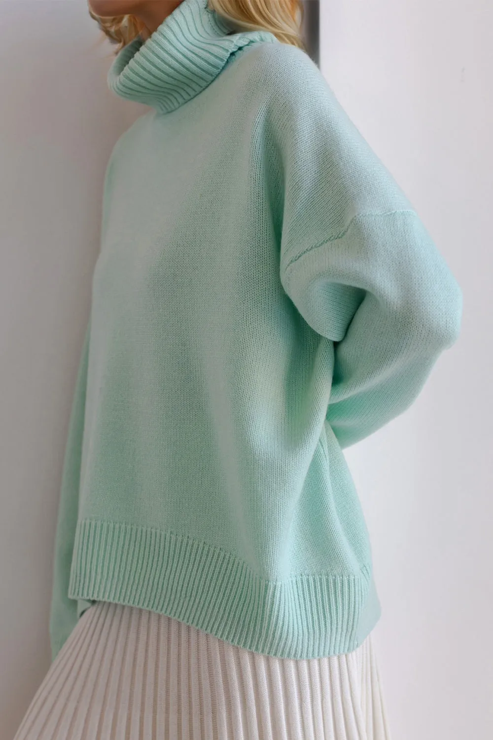 Soft Cashmere Style Turtleneck Dropped Shoulder Long Sleeve Sweater available in 12 colors