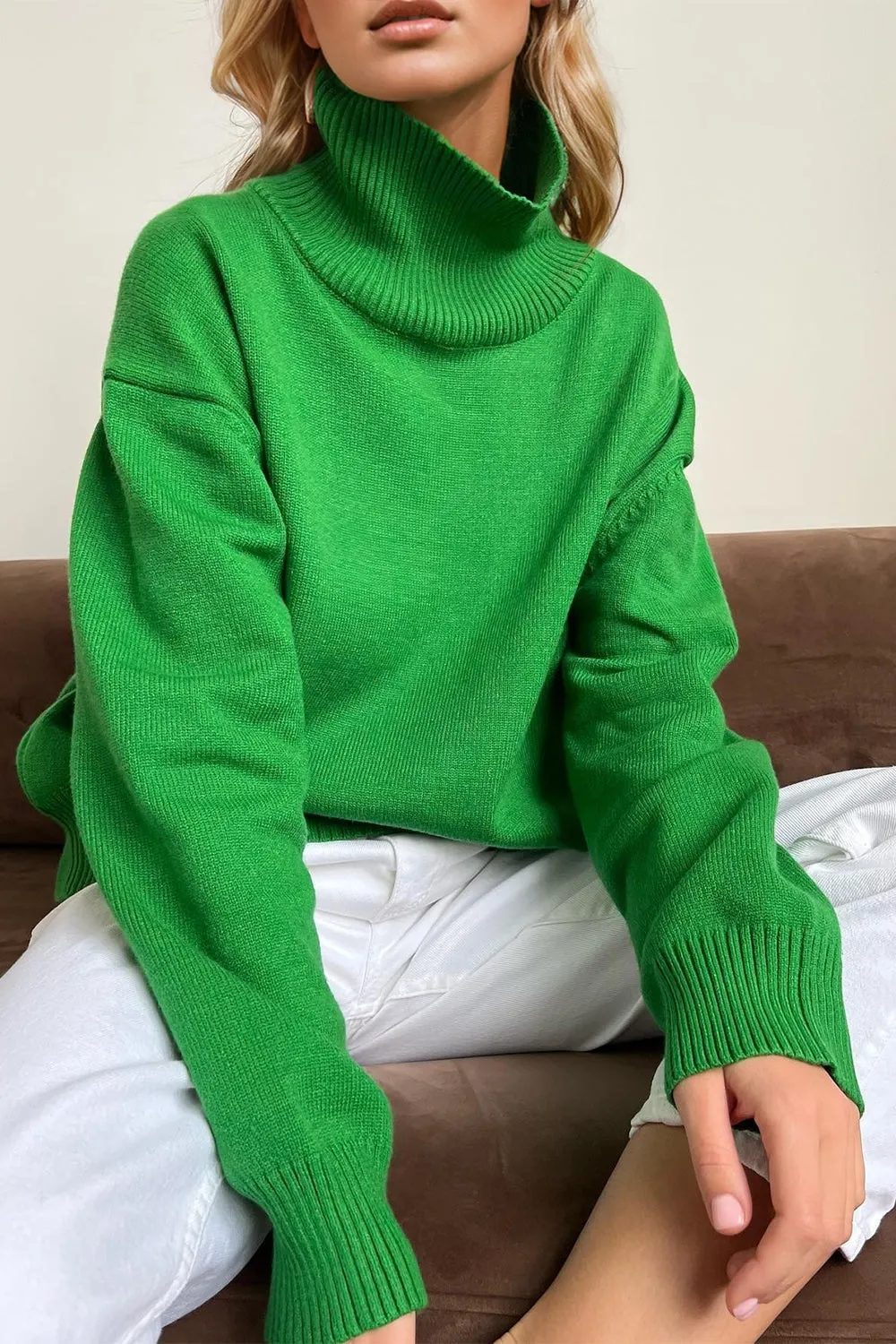 Soft Cashmere Style Turtleneck Dropped Shoulder Long Sleeve Sweater available in 12 colors