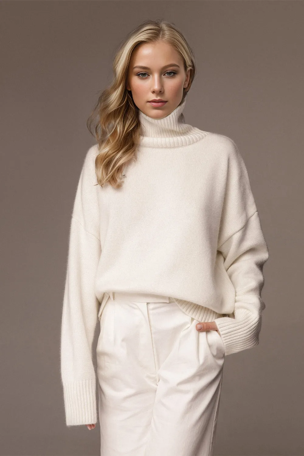 Soft Cashmere Style Turtleneck Dropped Shoulder Long Sleeve Sweater available in 12 colors