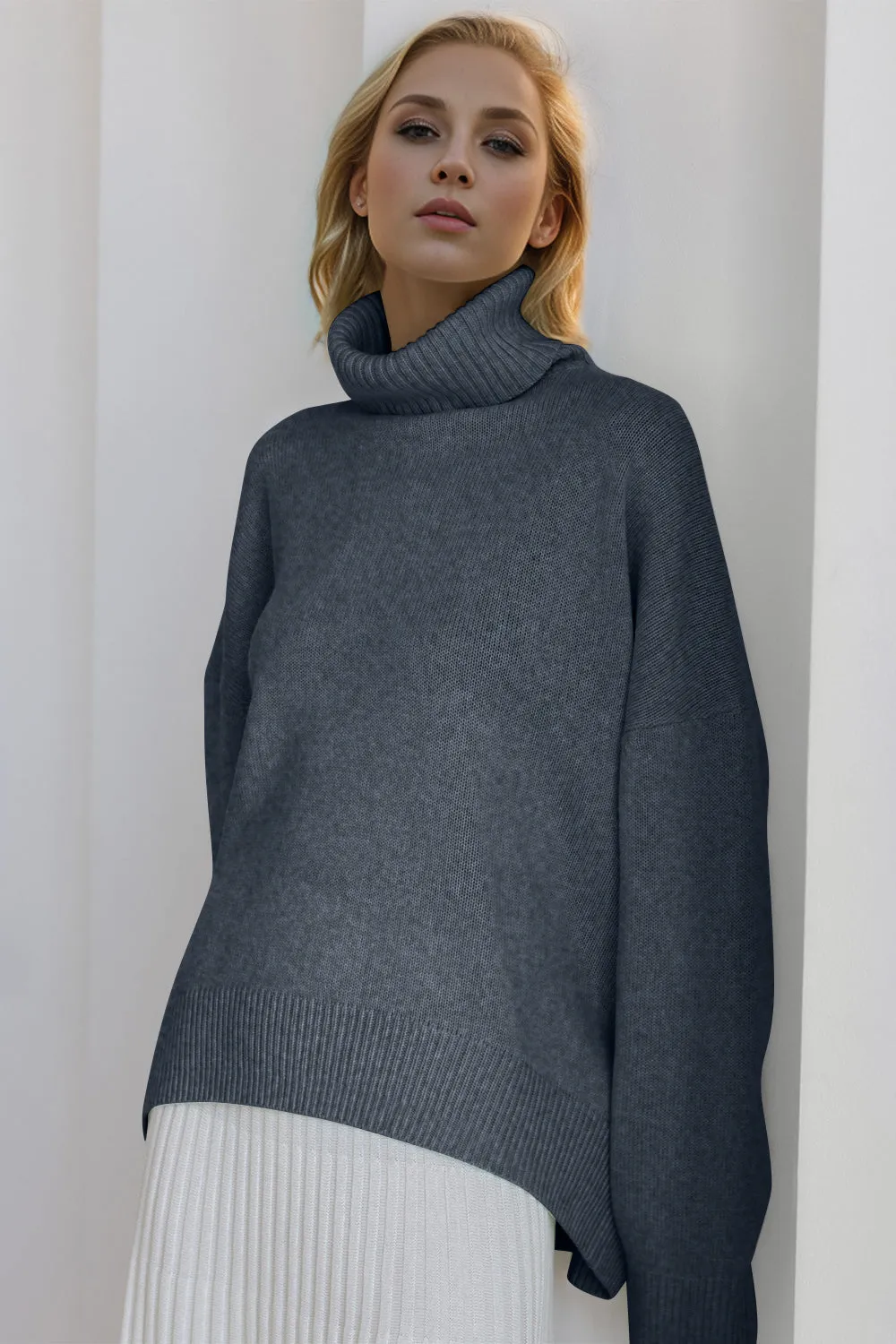 Soft Cashmere Style Turtleneck Dropped Shoulder Long Sleeve Sweater available in 12 colors