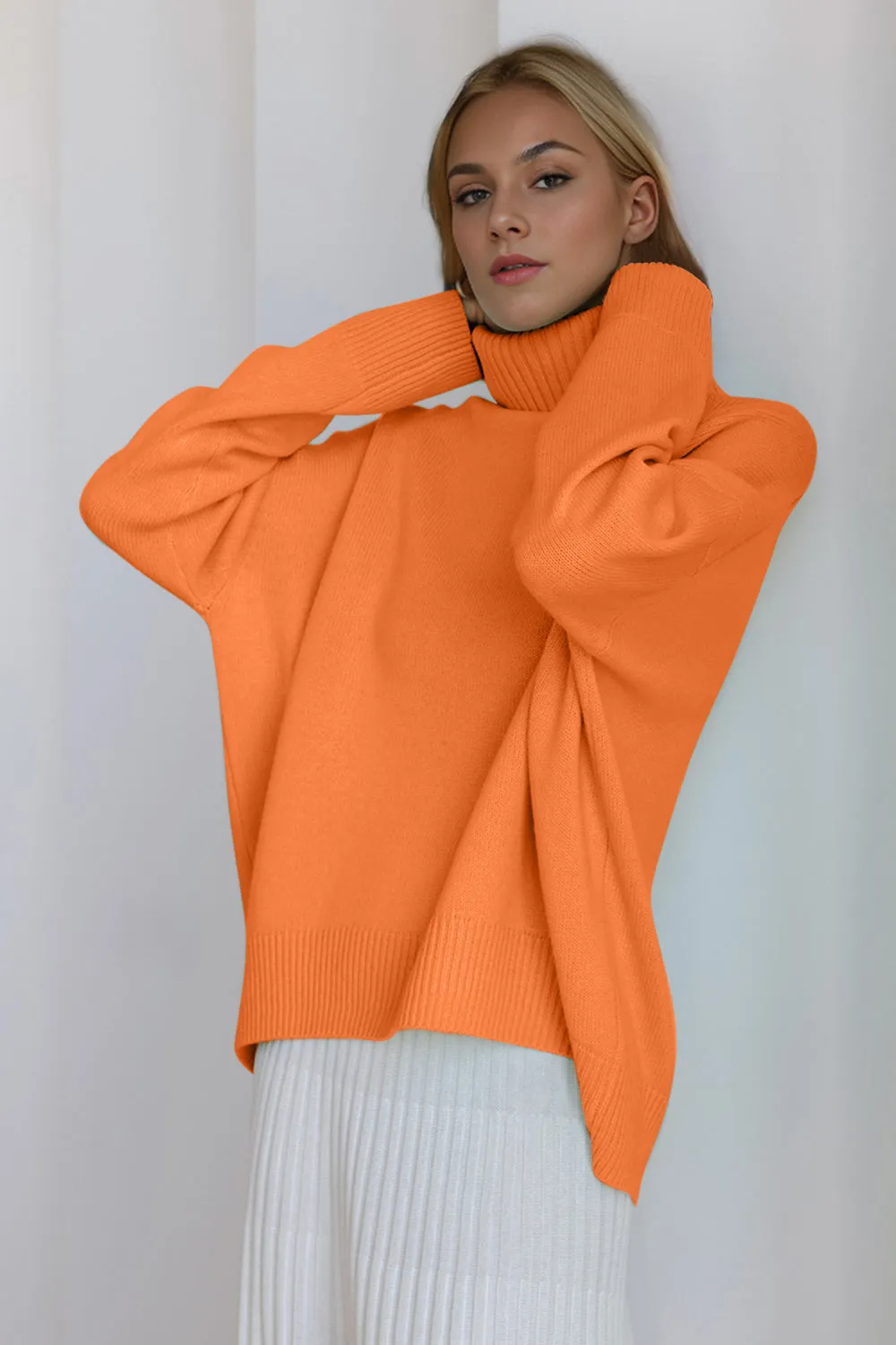 Soft Cashmere Style Turtleneck Dropped Shoulder Long Sleeve Sweater available in 12 colors