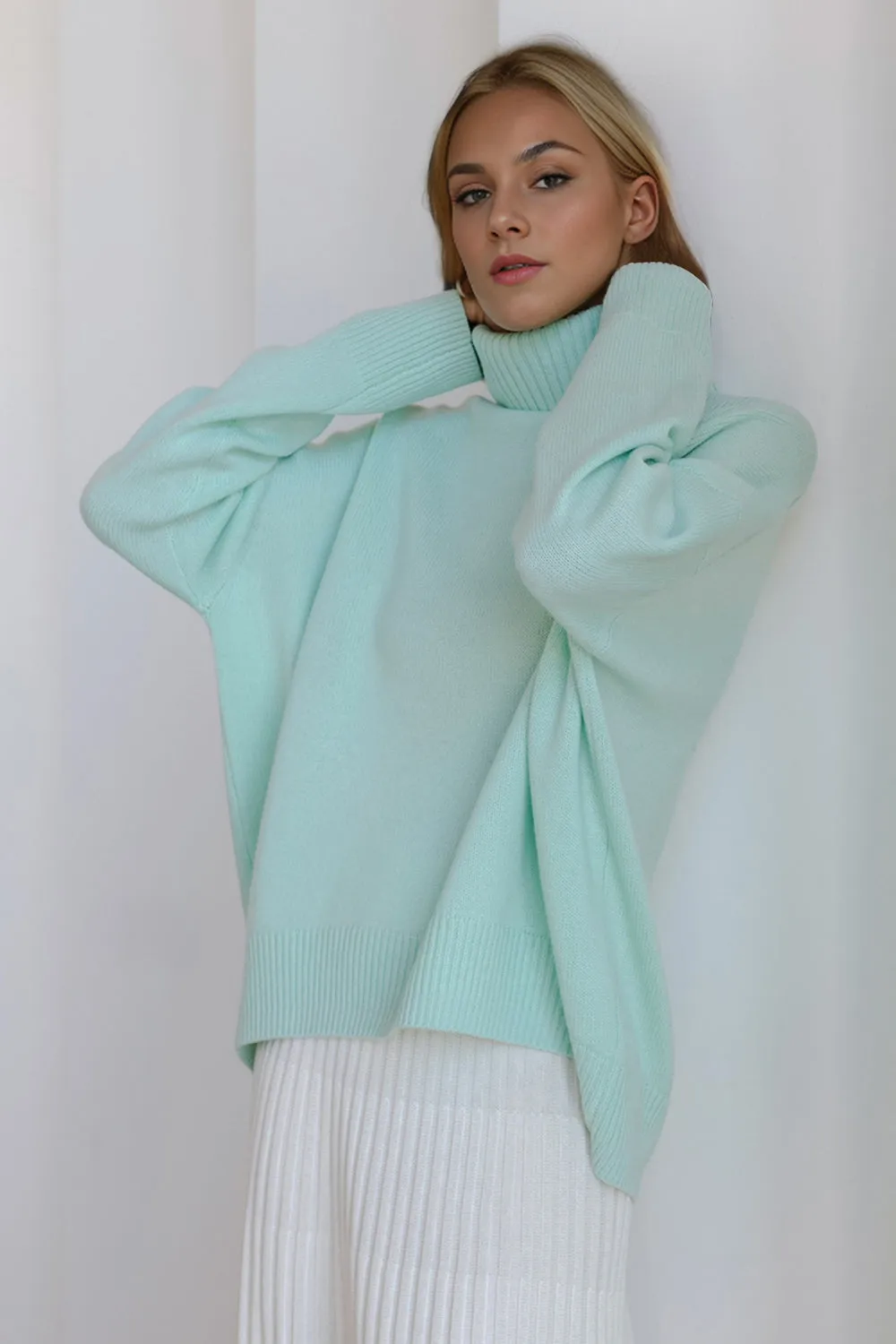 Soft Cashmere Style Turtleneck Dropped Shoulder Long Sleeve Sweater available in 12 colors