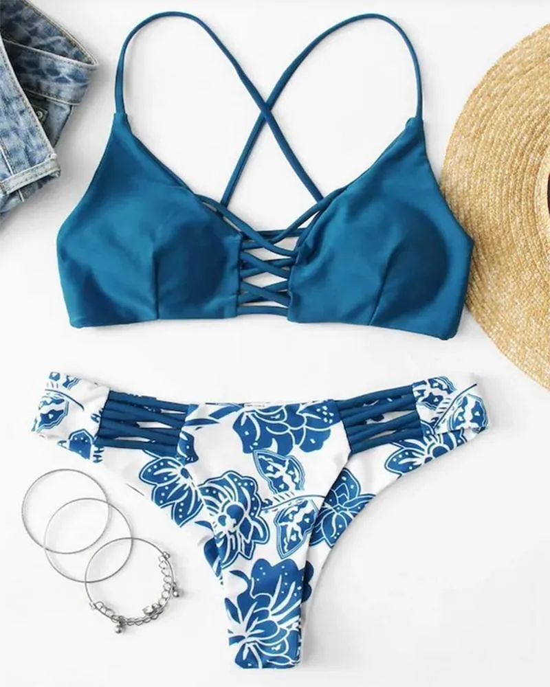 Solid Strap Tanks With Floral Print Panties Bikini Sets