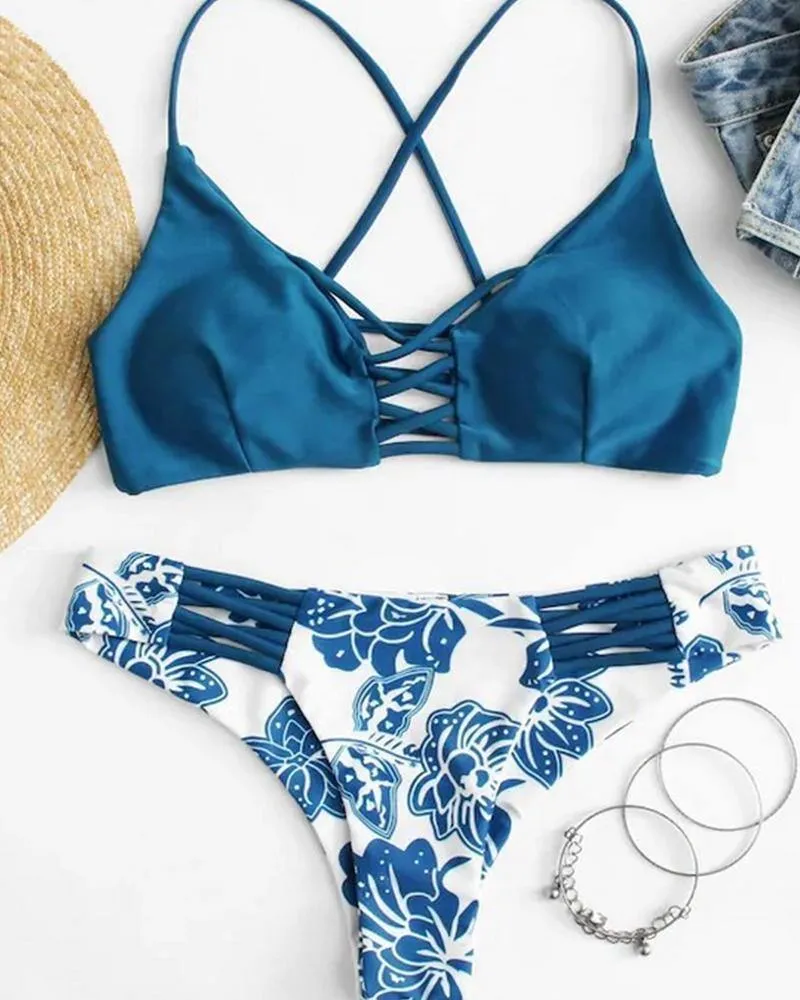 Solid Strap Tanks With Floral Print Panties Bikini Sets