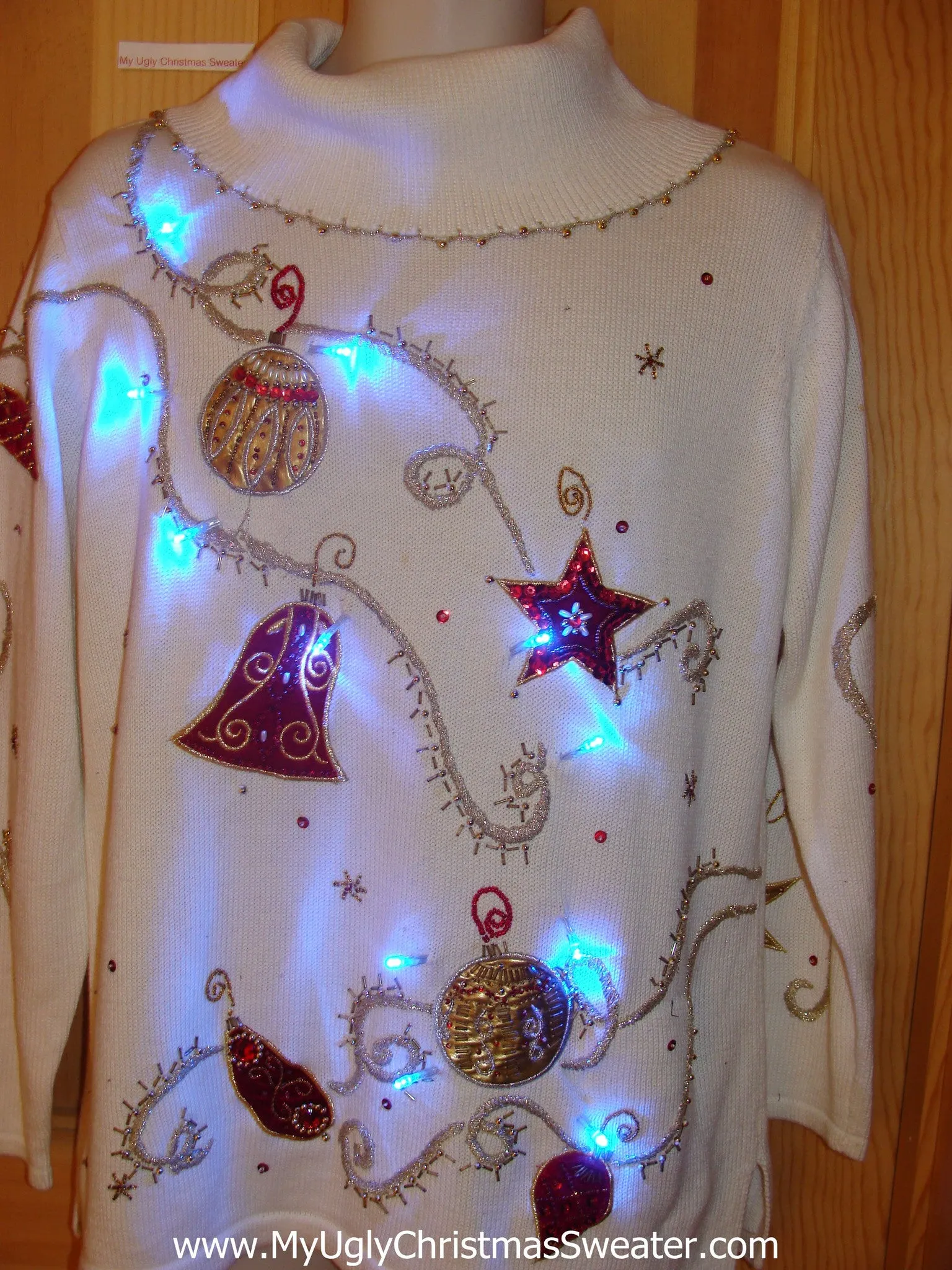 Tacky Light Up Christmas Sweater 80s Bling Stars, Bells, Ornaments