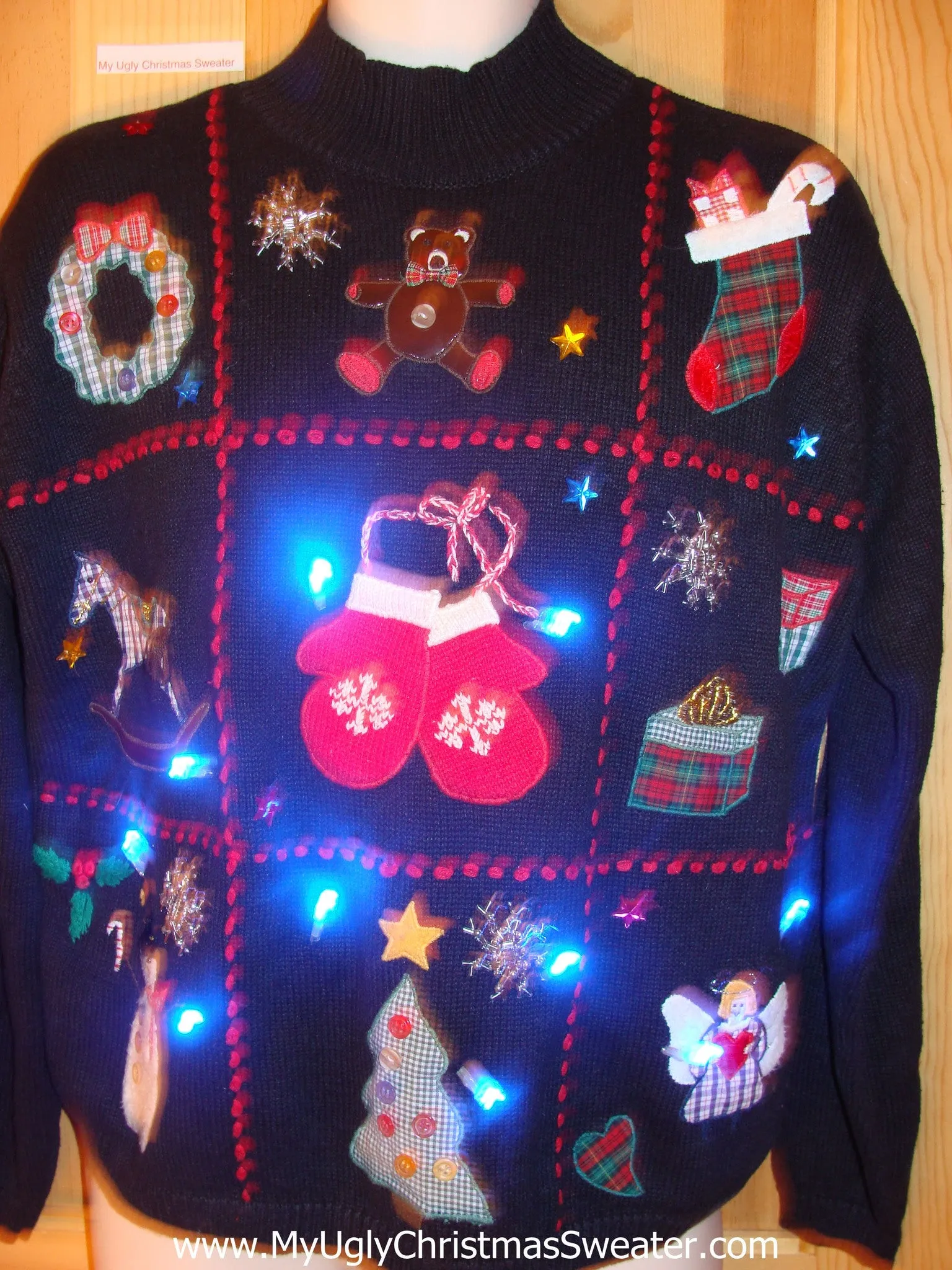 Tacky Light Up Christmas Sweater Plaid Wreath, Horse, Bear, Angel