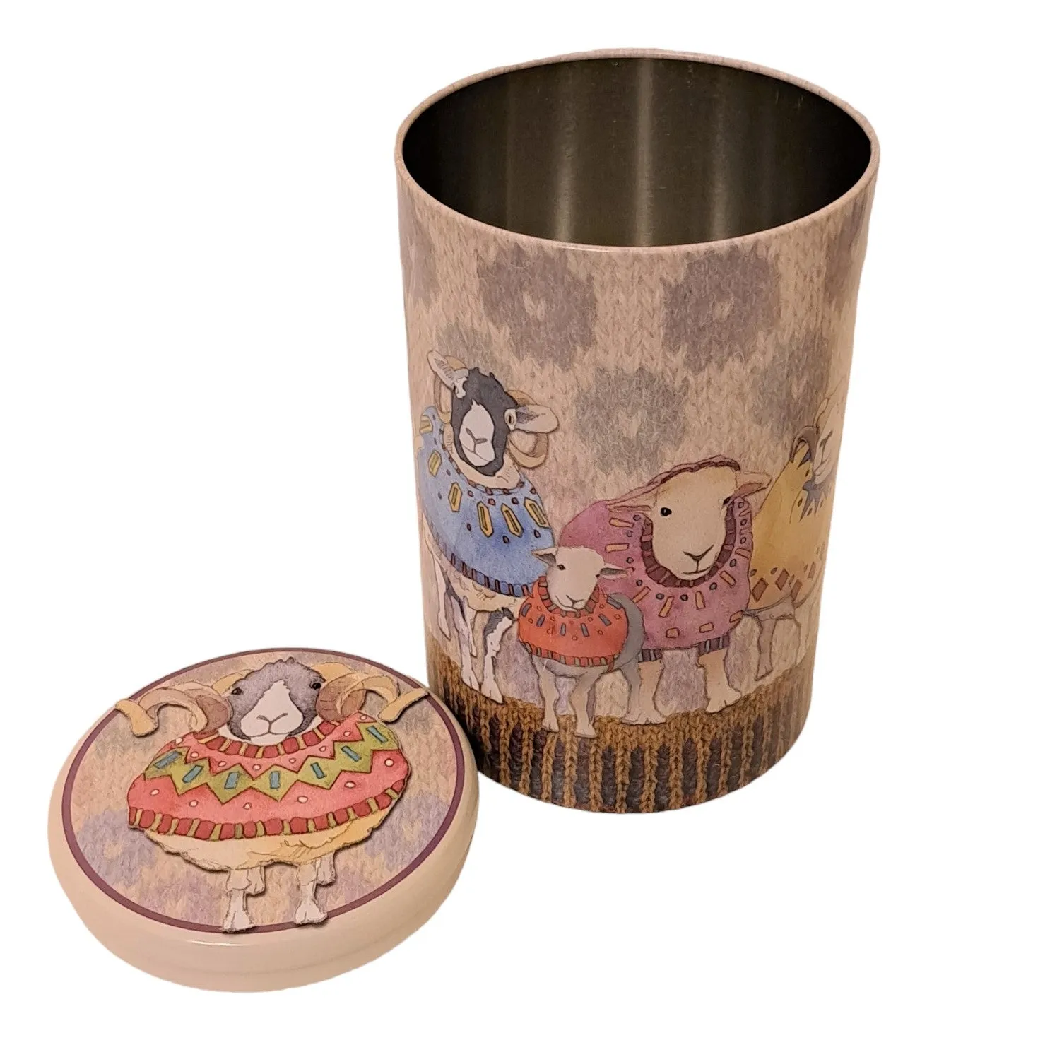 Tall Round Tin Caddy - Sheep in sweaters