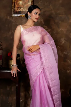 Teejh Eeshta Onion Pink Sequin Embroidery Organza Saree