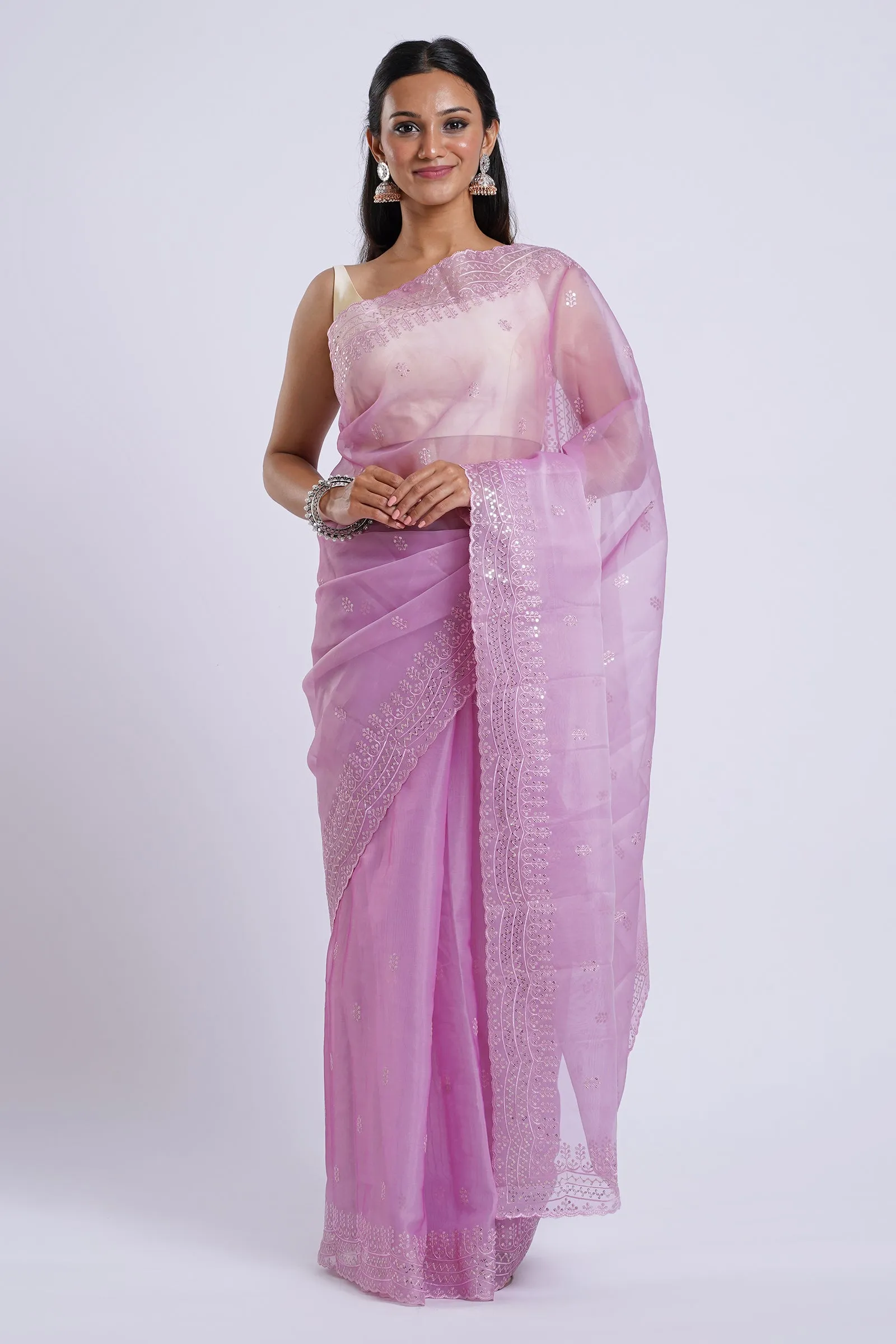 Teejh Eeshta Onion Pink Sequin Embroidery Organza Saree