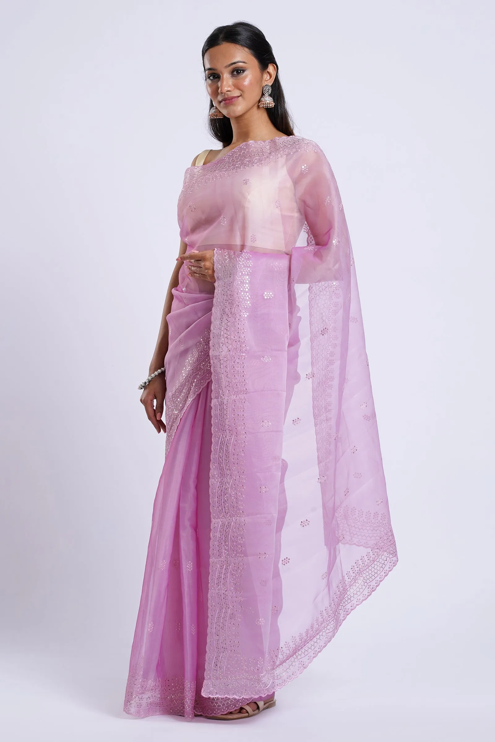 Teejh Eeshta Onion Pink Sequin Embroidery Organza Saree