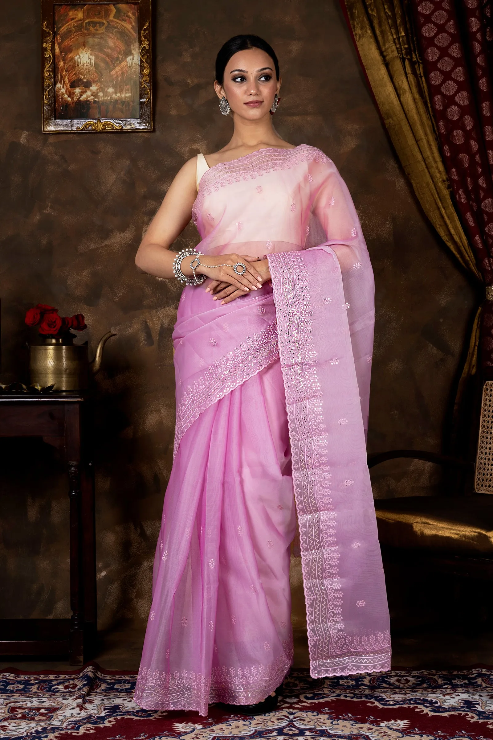 Teejh Eeshta Onion Pink Sequin Embroidery Organza Saree