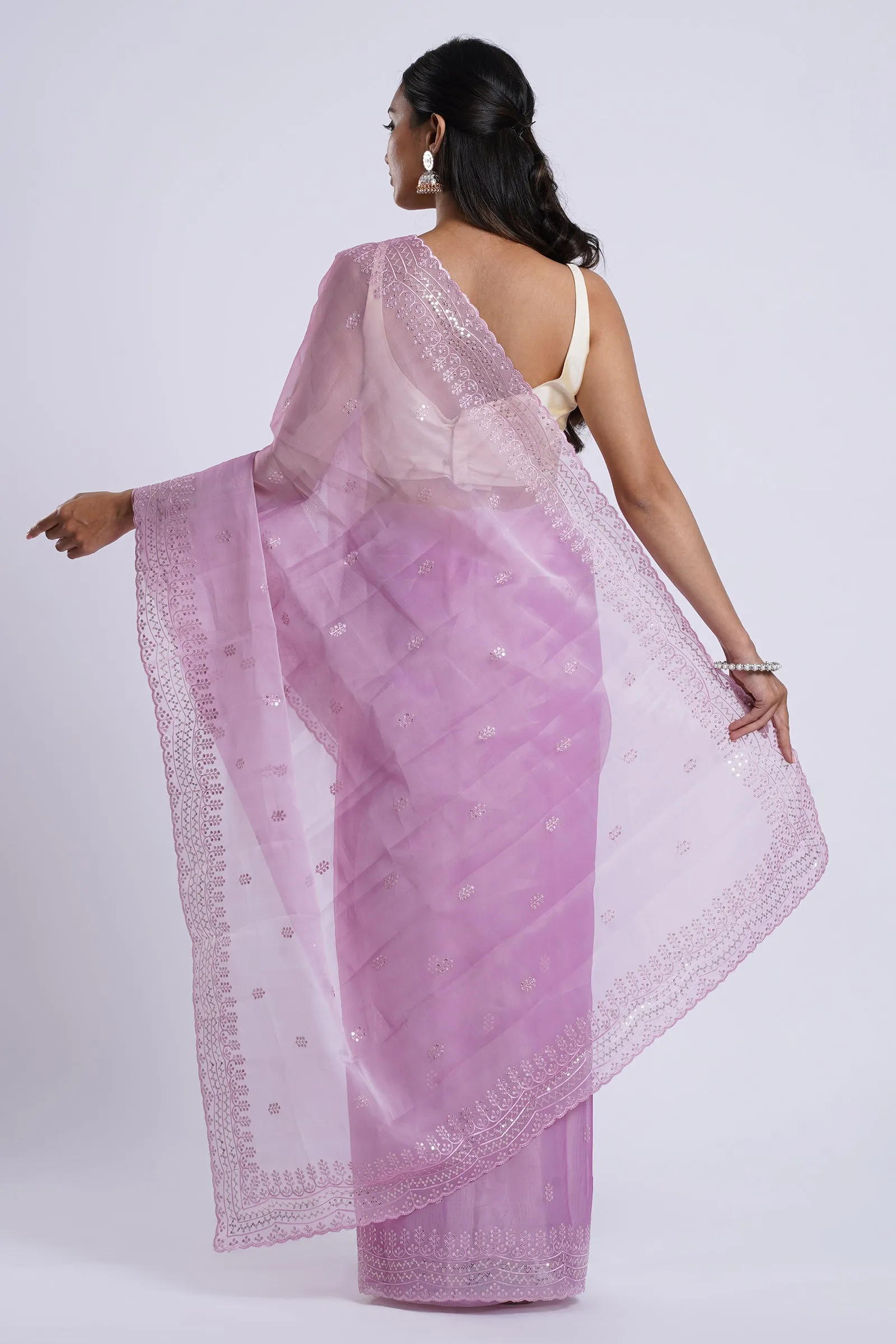 Teejh Eeshta Onion Pink Sequin Embroidery Organza Saree