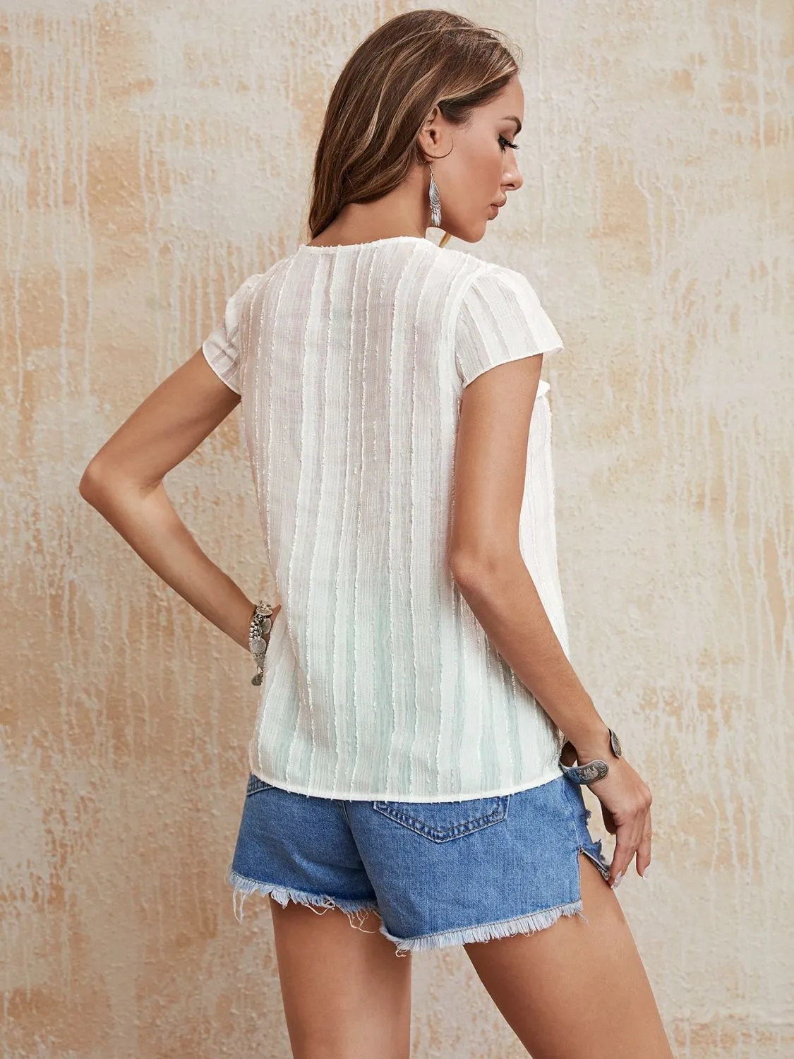 Tie Neck Ruffled Short Sleeve Blouse