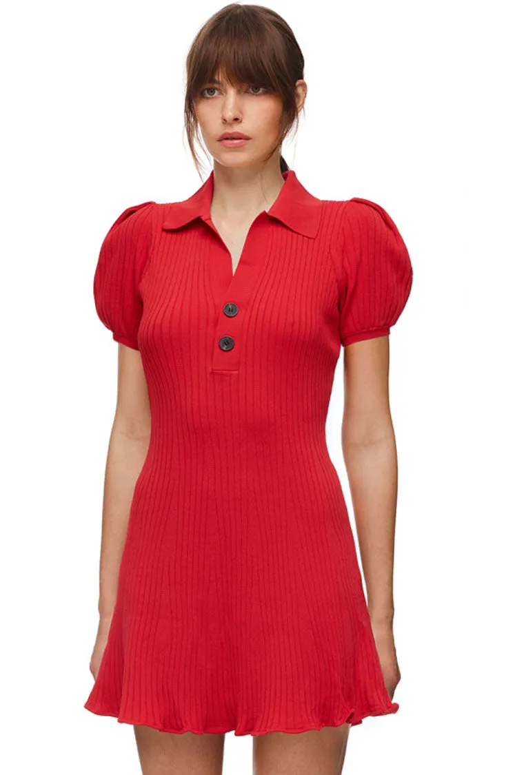 Trendy Puff Sleeve Ribbed Winter Polo Sweater Mini Dress - Red