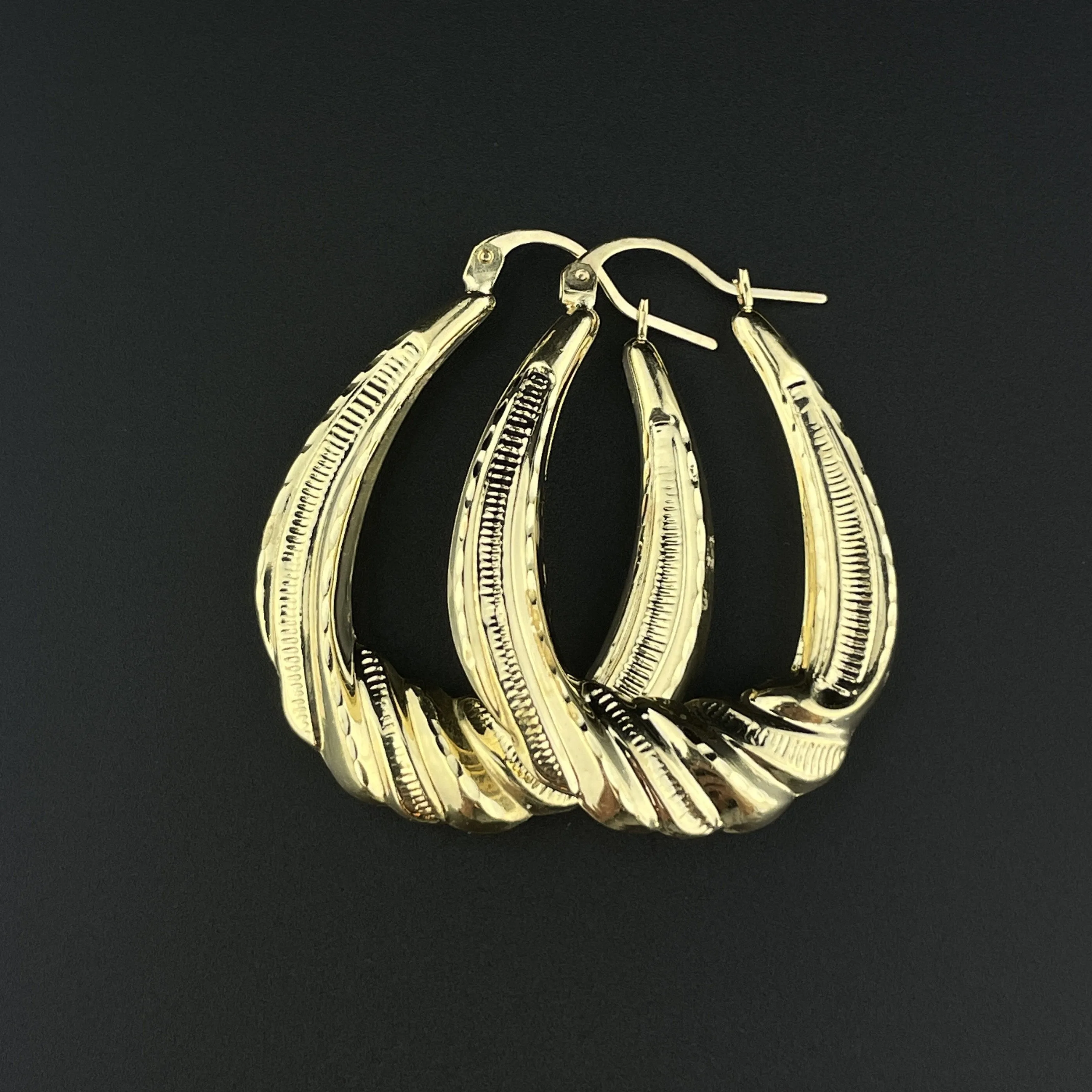 Vintage Solid 14K Gold Oval Twisted Braid Hoop Earrings